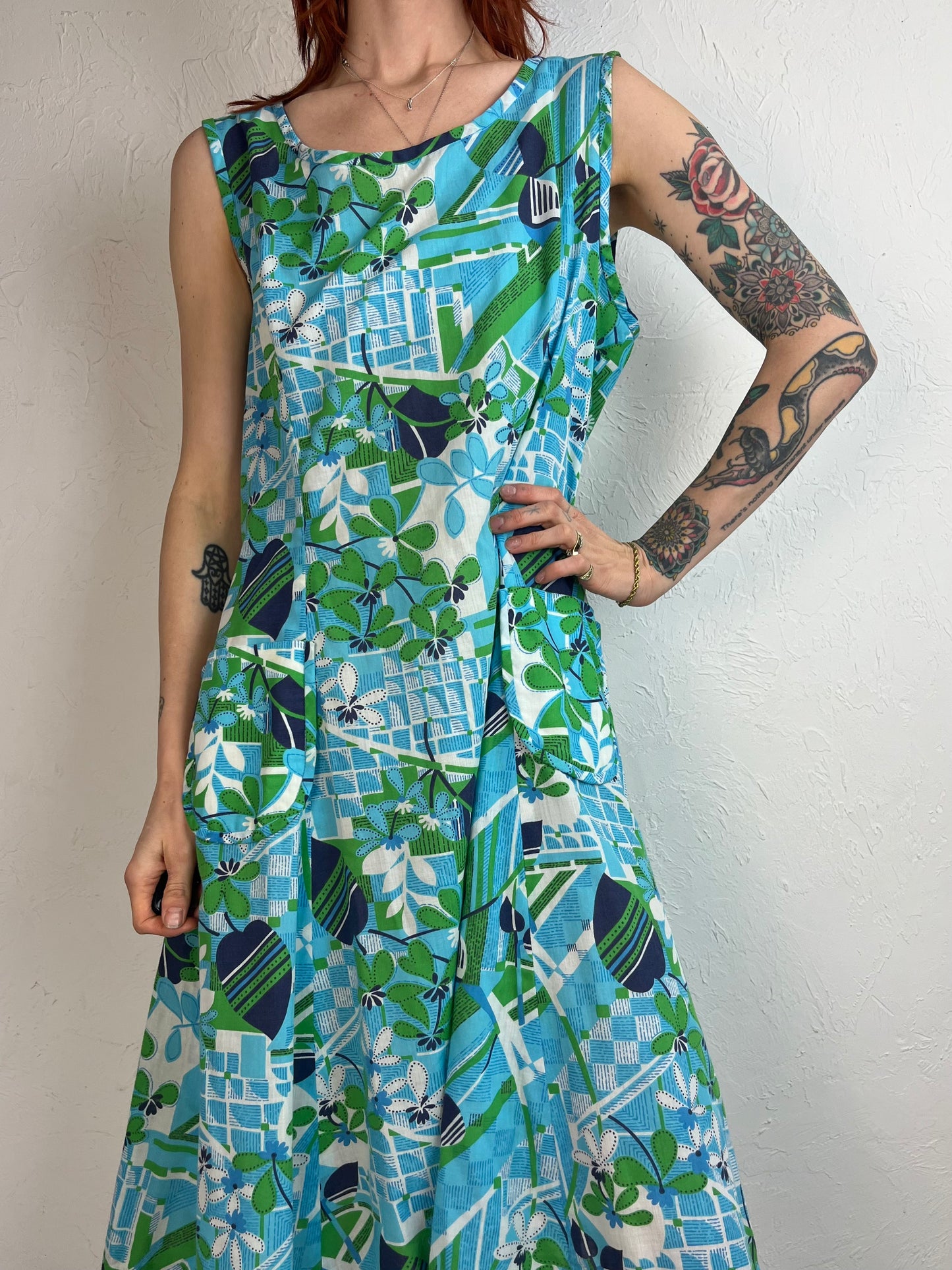 70s 'Leo-Danal' Blue Green and White Floral Abstract Print Sundress / Large