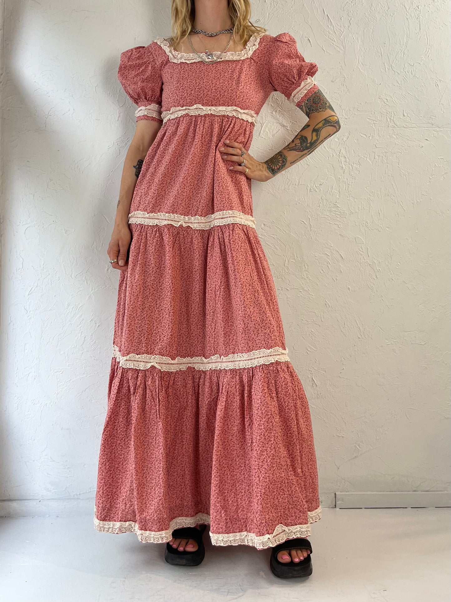 80s Pink Cottage Core Puff Sleeve Peasant Dress / XXS