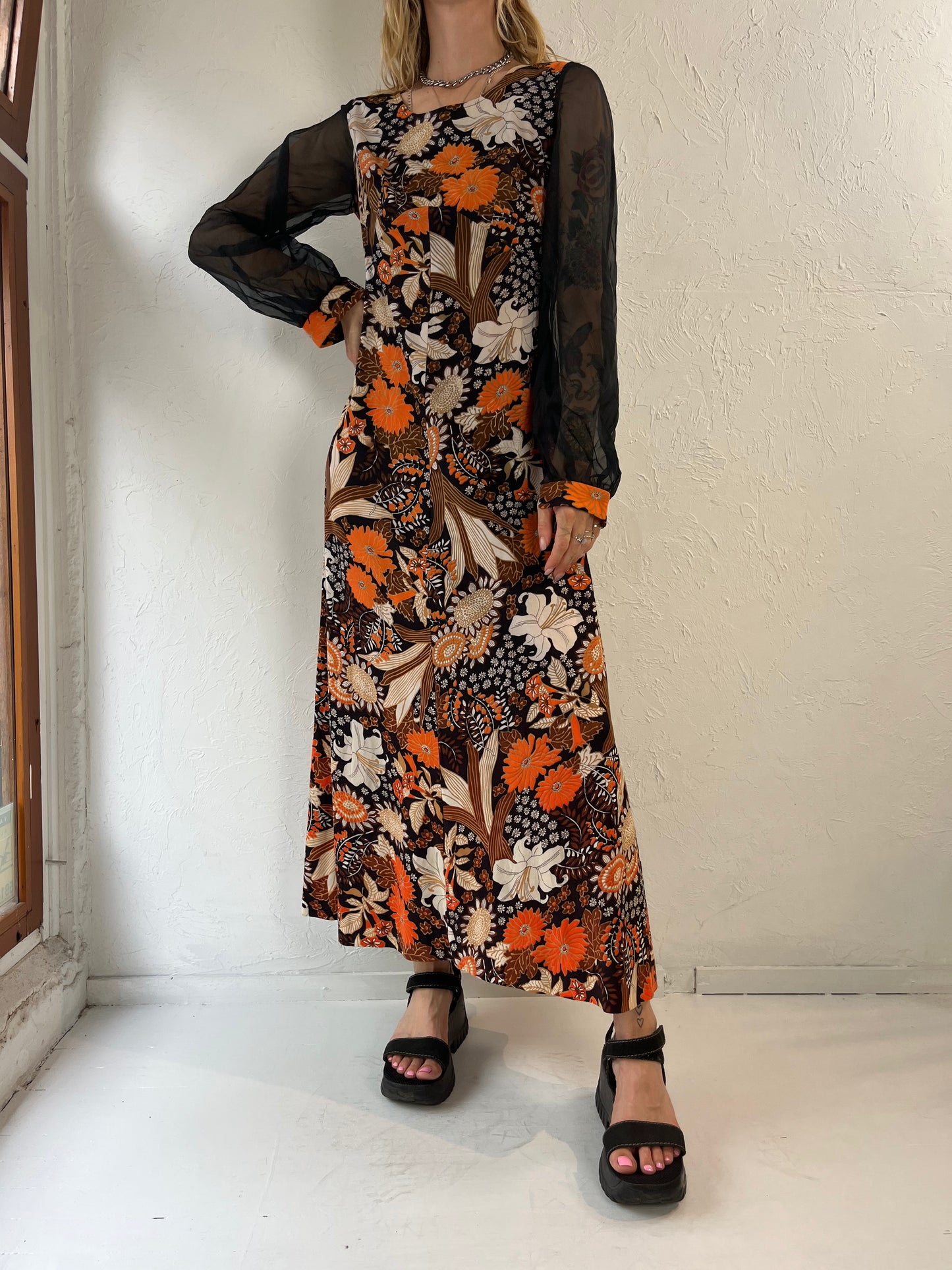 70s 'April Fashions' Floral Print Mesh Sleeve Maxi Dress / Small