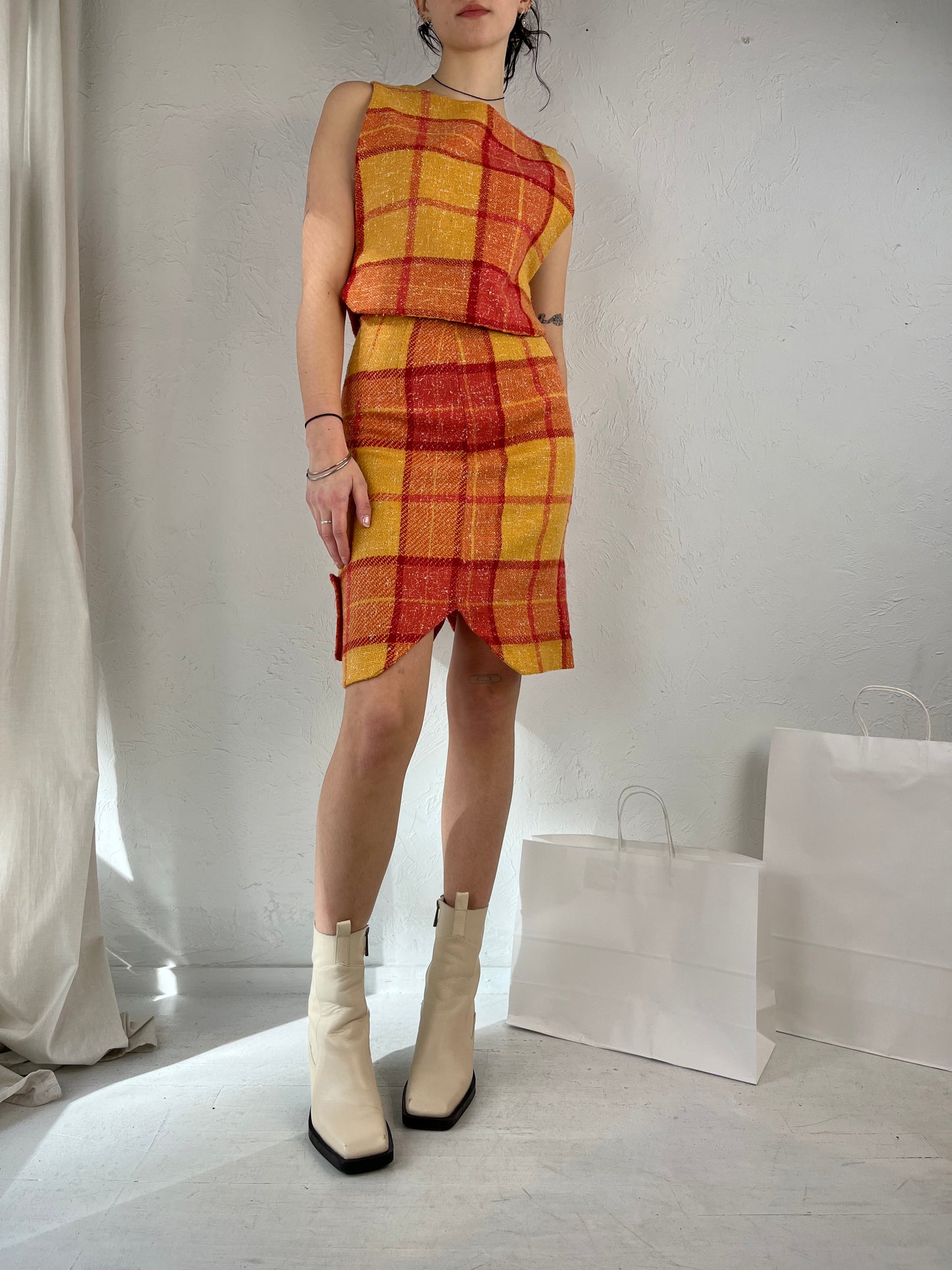 60s 70s Handmade Plaid Skirt and Top Set / XS