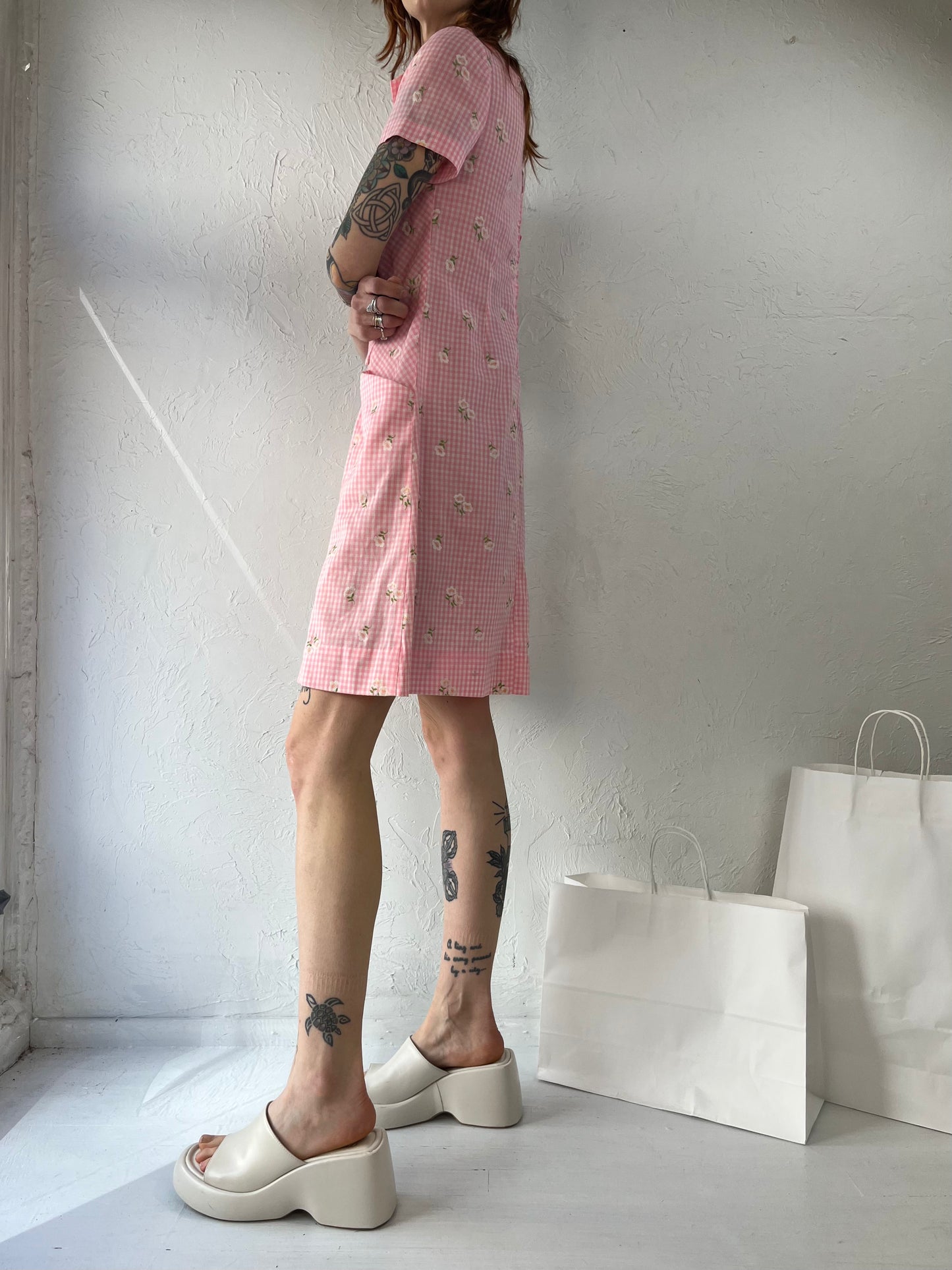 70s Handmade Pink Gingham Collared Mini Dress / Small