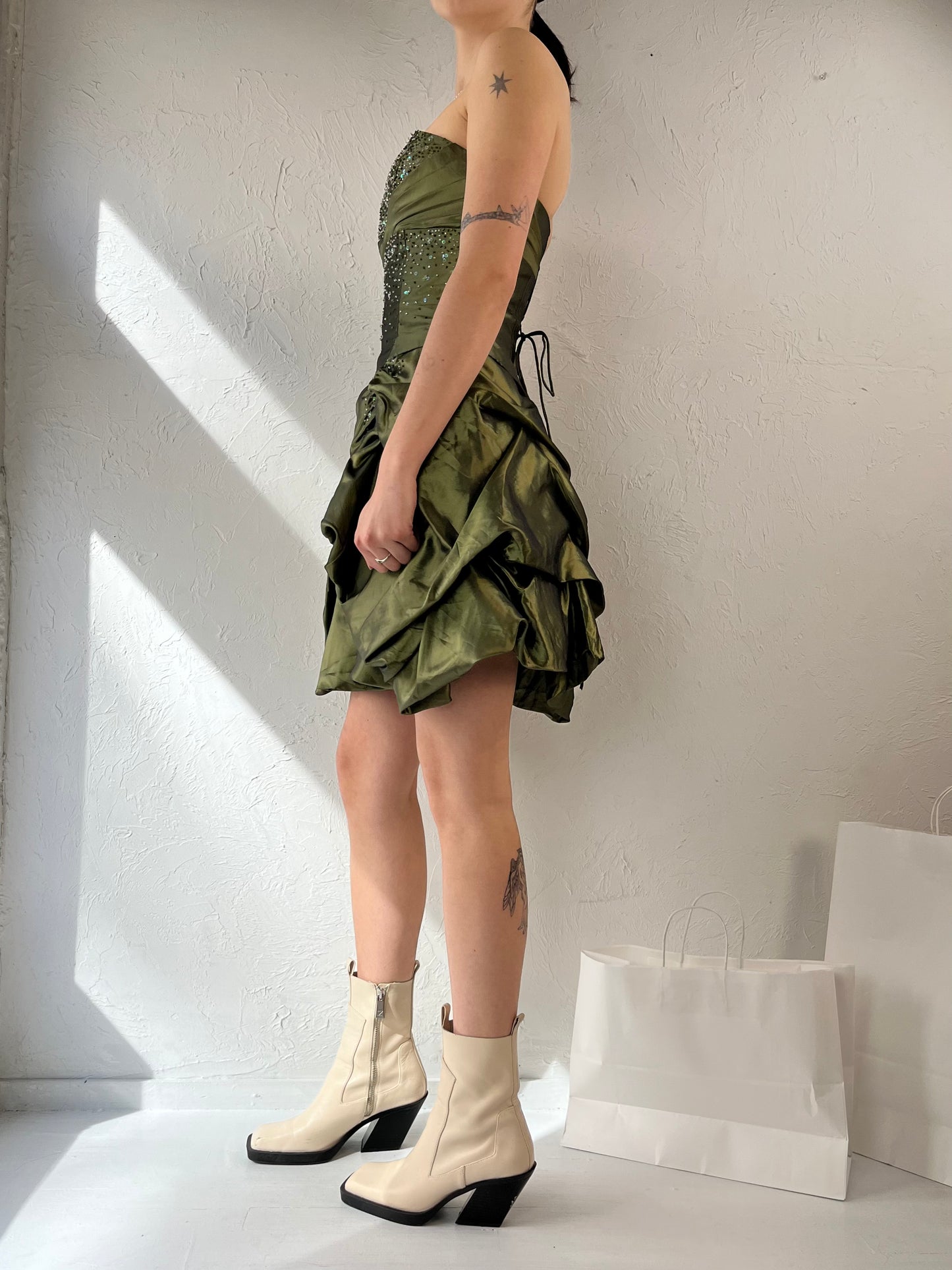Y2K 'Laura Petites' Green Beaded Strapless Evening Dress / Small