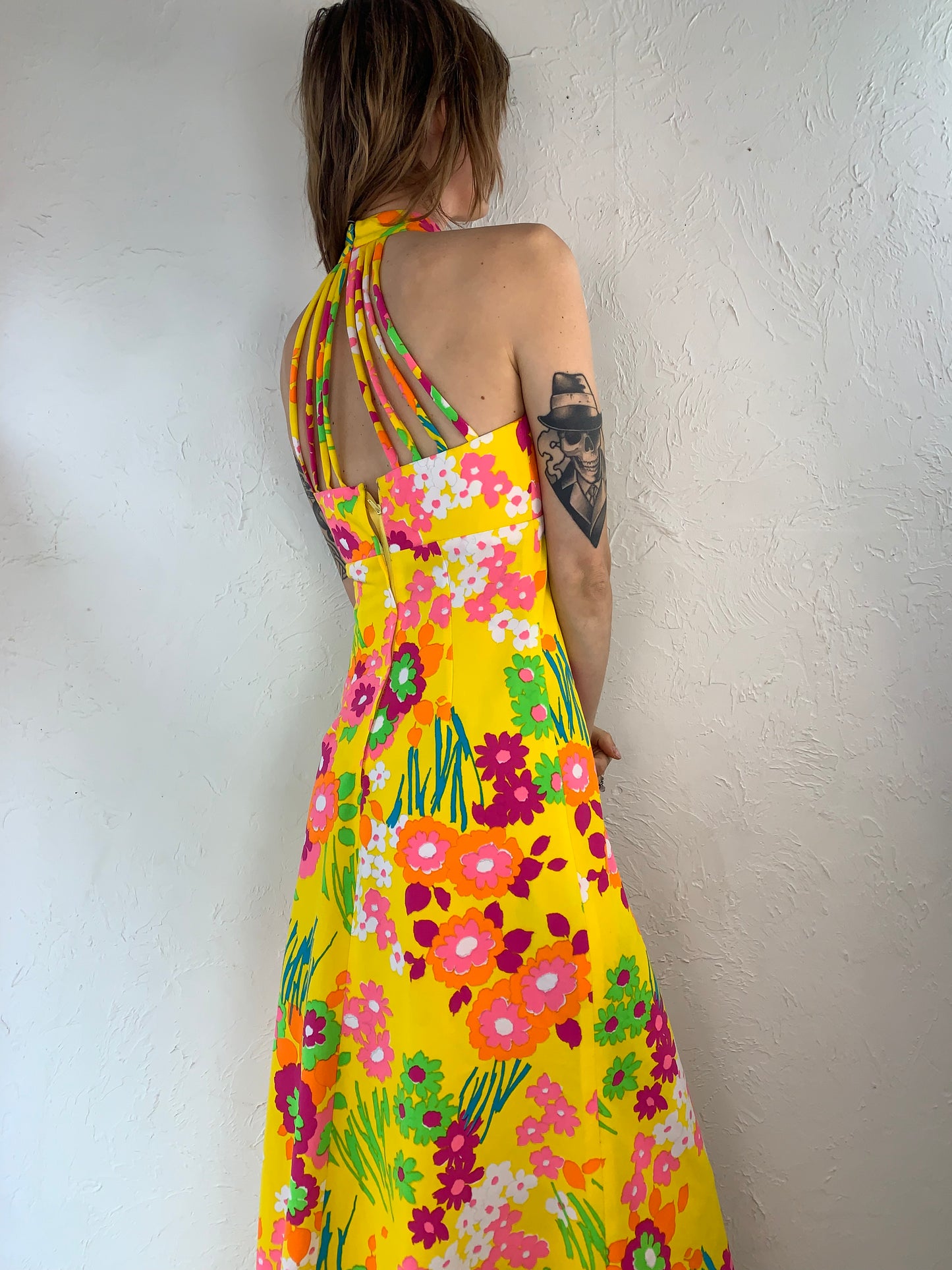 70s Floral Print Halter Hippie Dress / Small