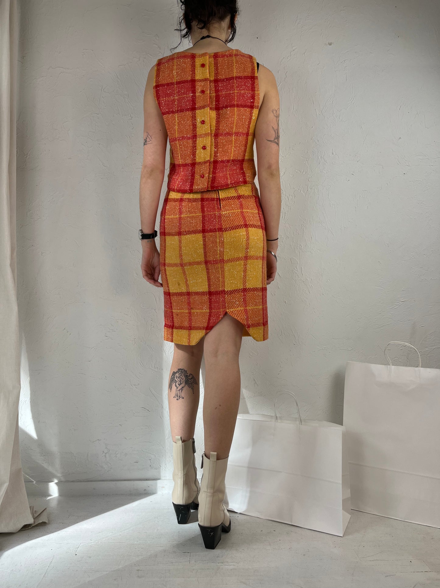 60s 70s Handmade Plaid Skirt and Top Set / XS