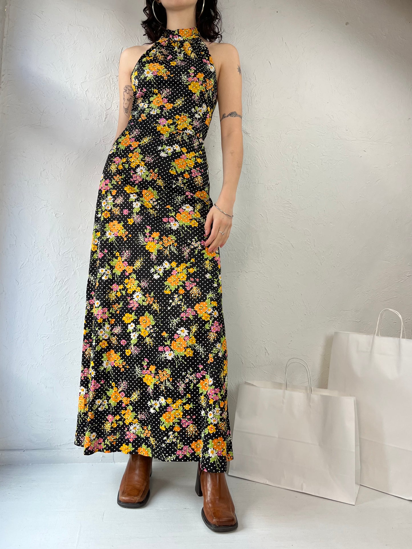 60s 70s Union Made Black Floral Hippie Halter Maxi Dress