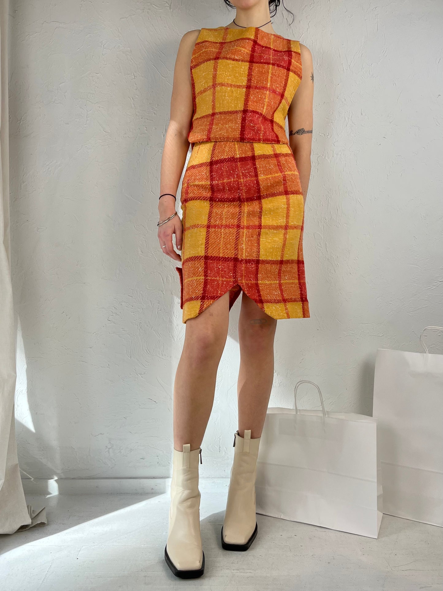 60s 70s Handmade Plaid Skirt and Top Set / XS