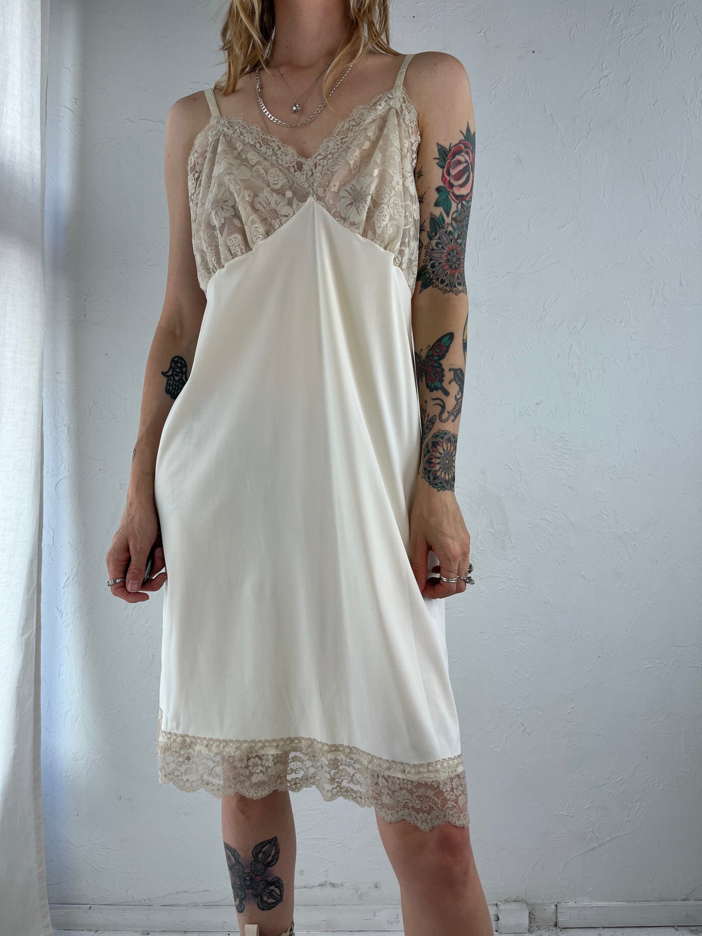 90s 'Vam Roalte' Cream Nylon Lace Slip Dress / Medium