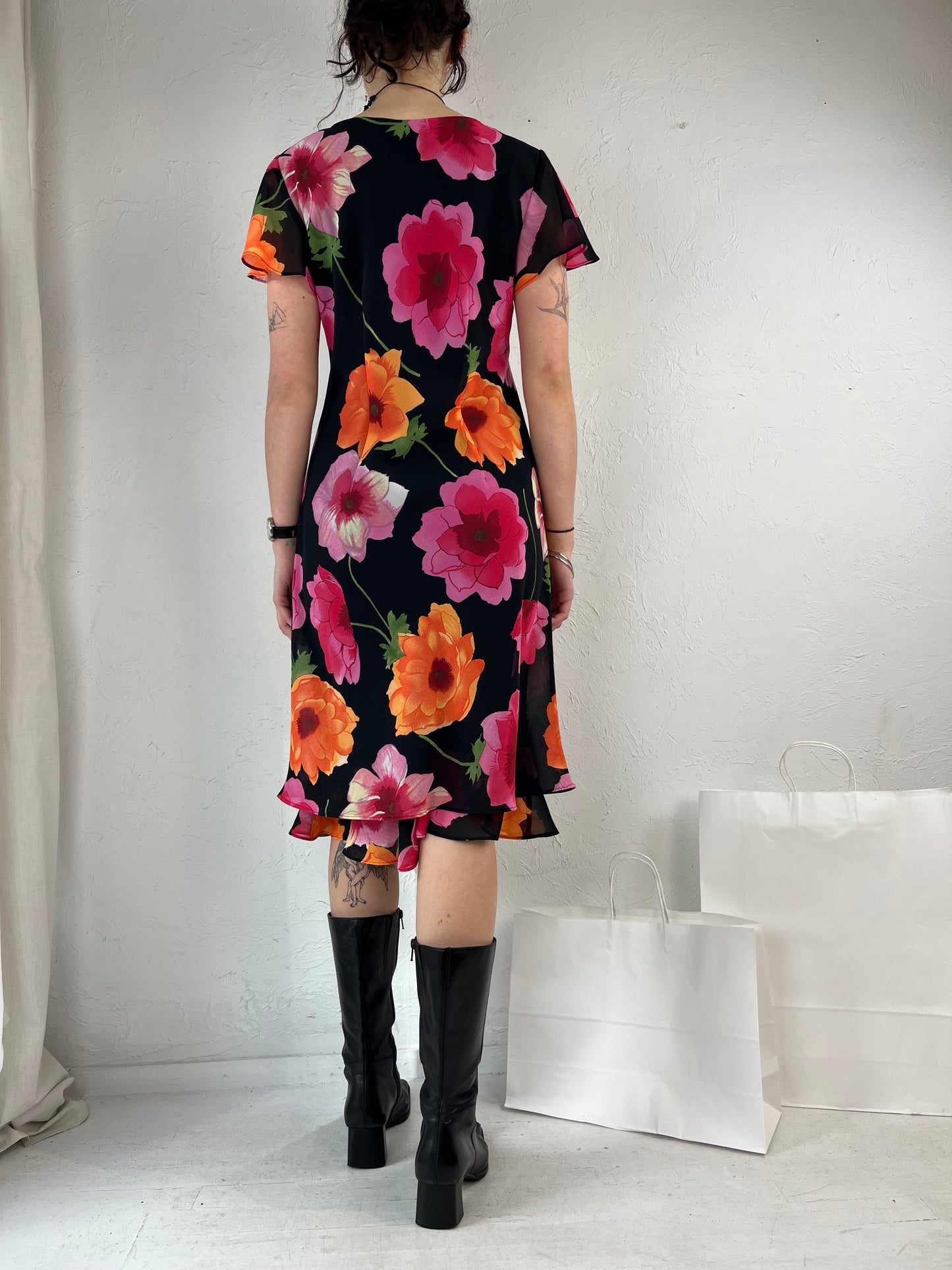90s 'Dorby' Floral Print Midi Dress / Medium