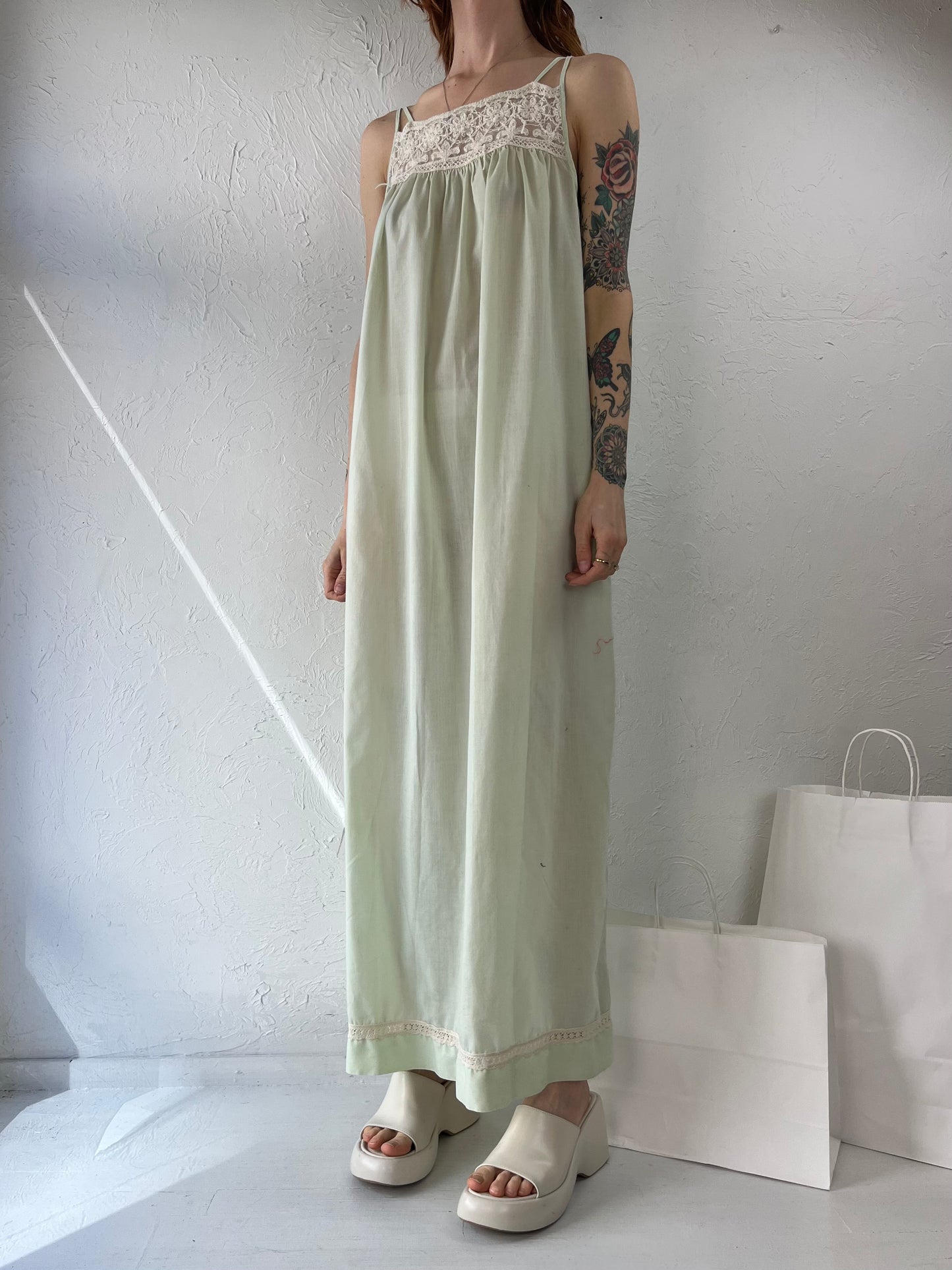 70s Pastel Green Crochet Hippie Maxi Dress / Small