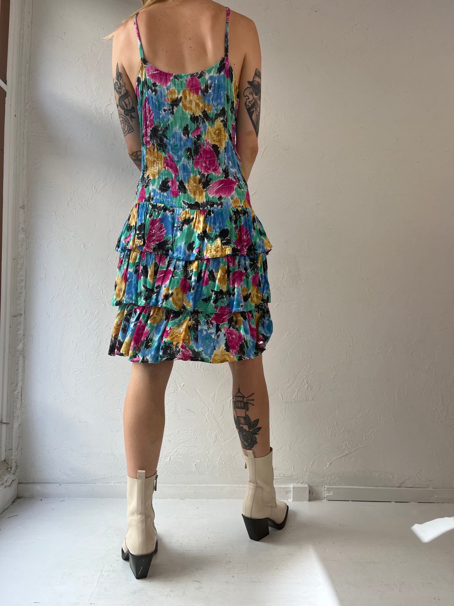 90s Rainbow Ruched Ruffle Sleeveless Dress / Medium
