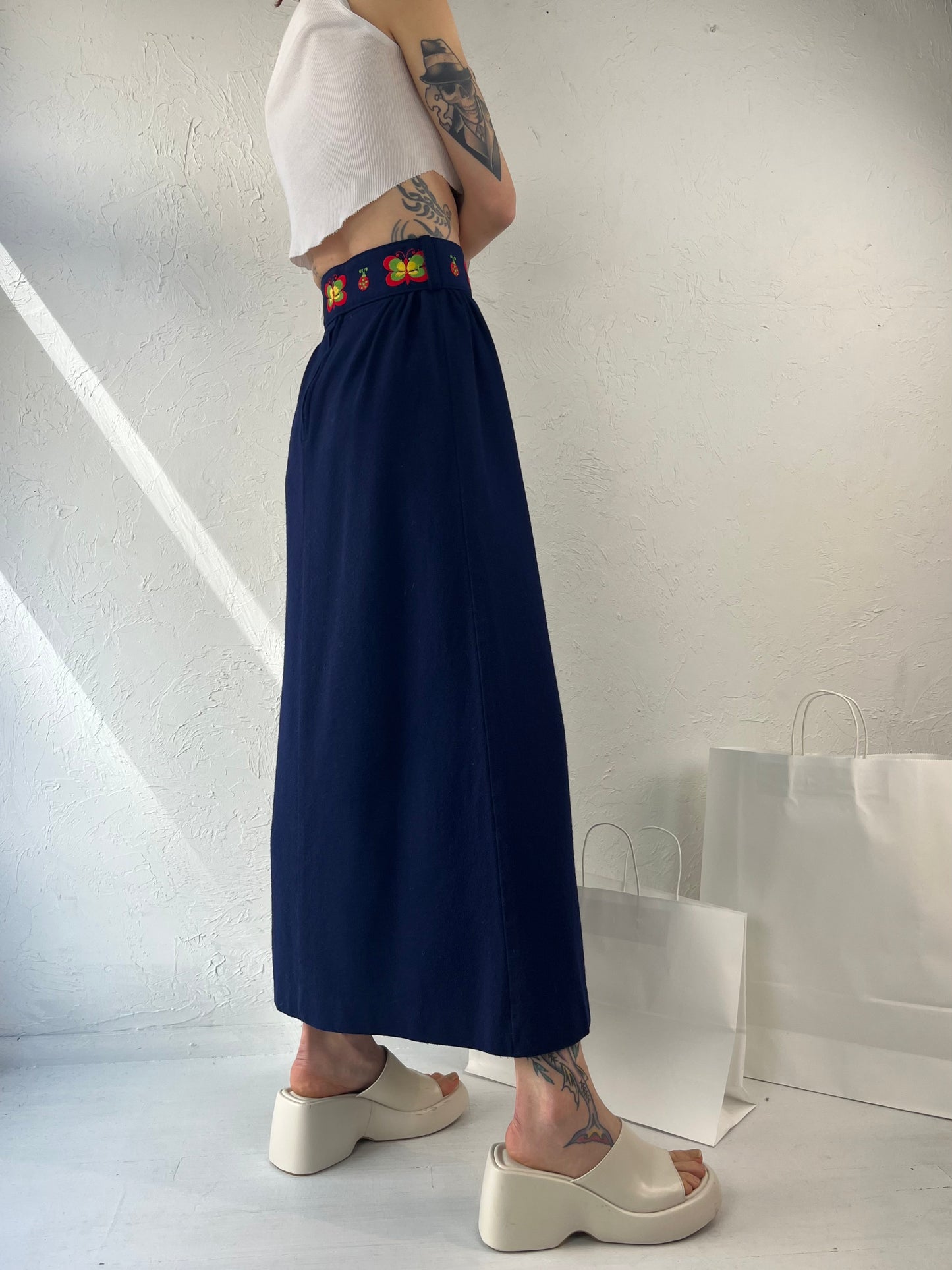 70s Navy Blue Wool Maxi Skirt w/ Belt / XS
