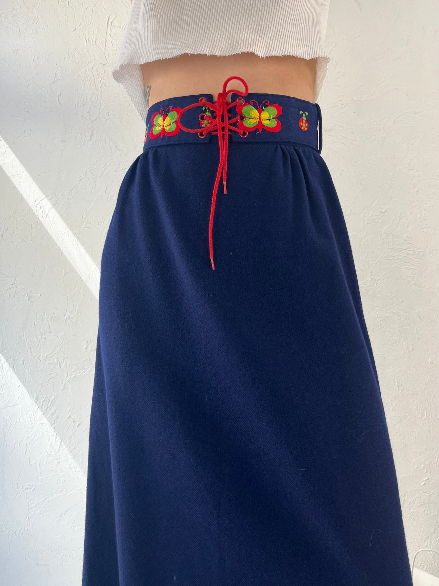70s Navy Blue Wool Maxi Skirt w/ Belt / XS