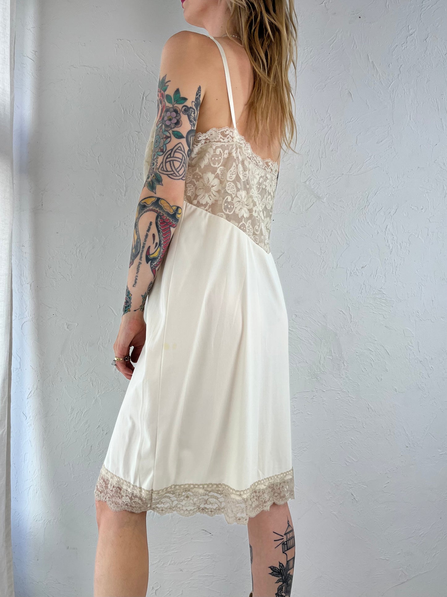 90s 'Vam Roalte' Cream Nylon Lace Slip Dress / Medium