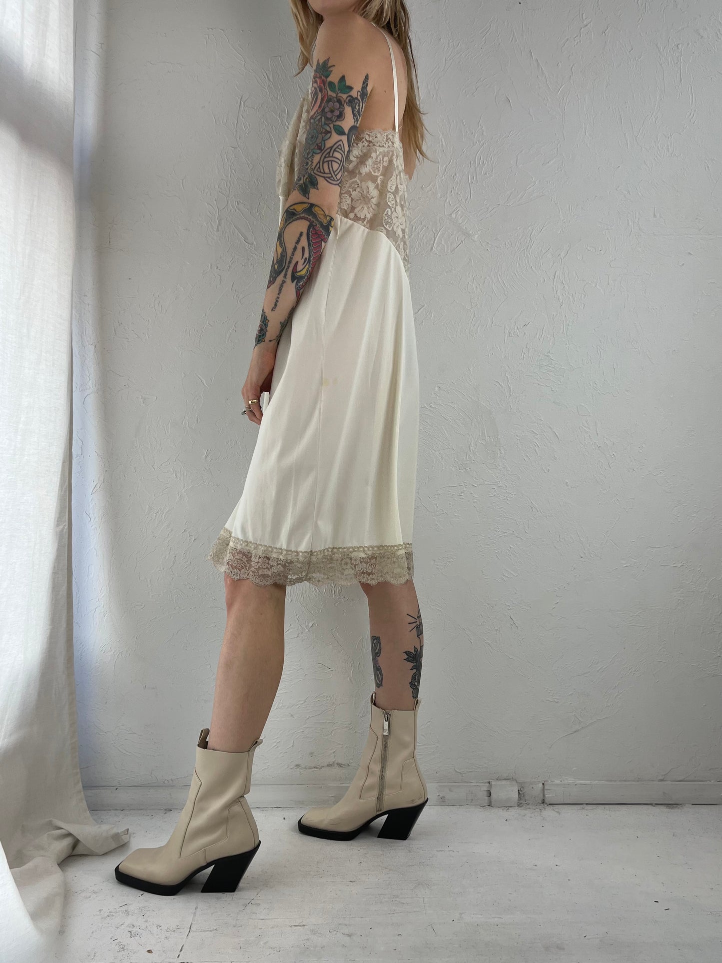 90s 'Vam Roalte' Cream Nylon Lace Slip Dress / Medium