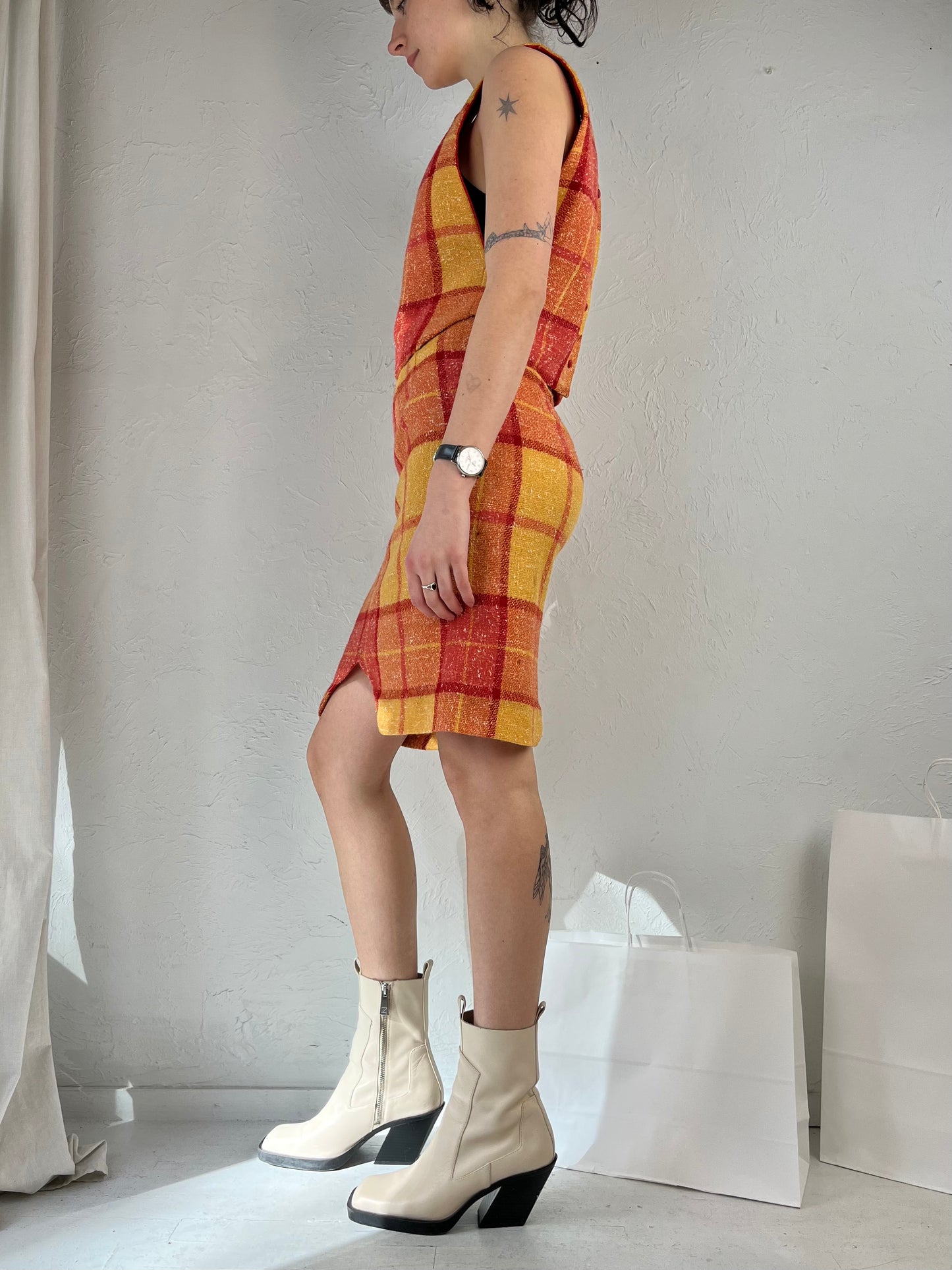 60s 70s Handmade Plaid Skirt and Top Set / XS