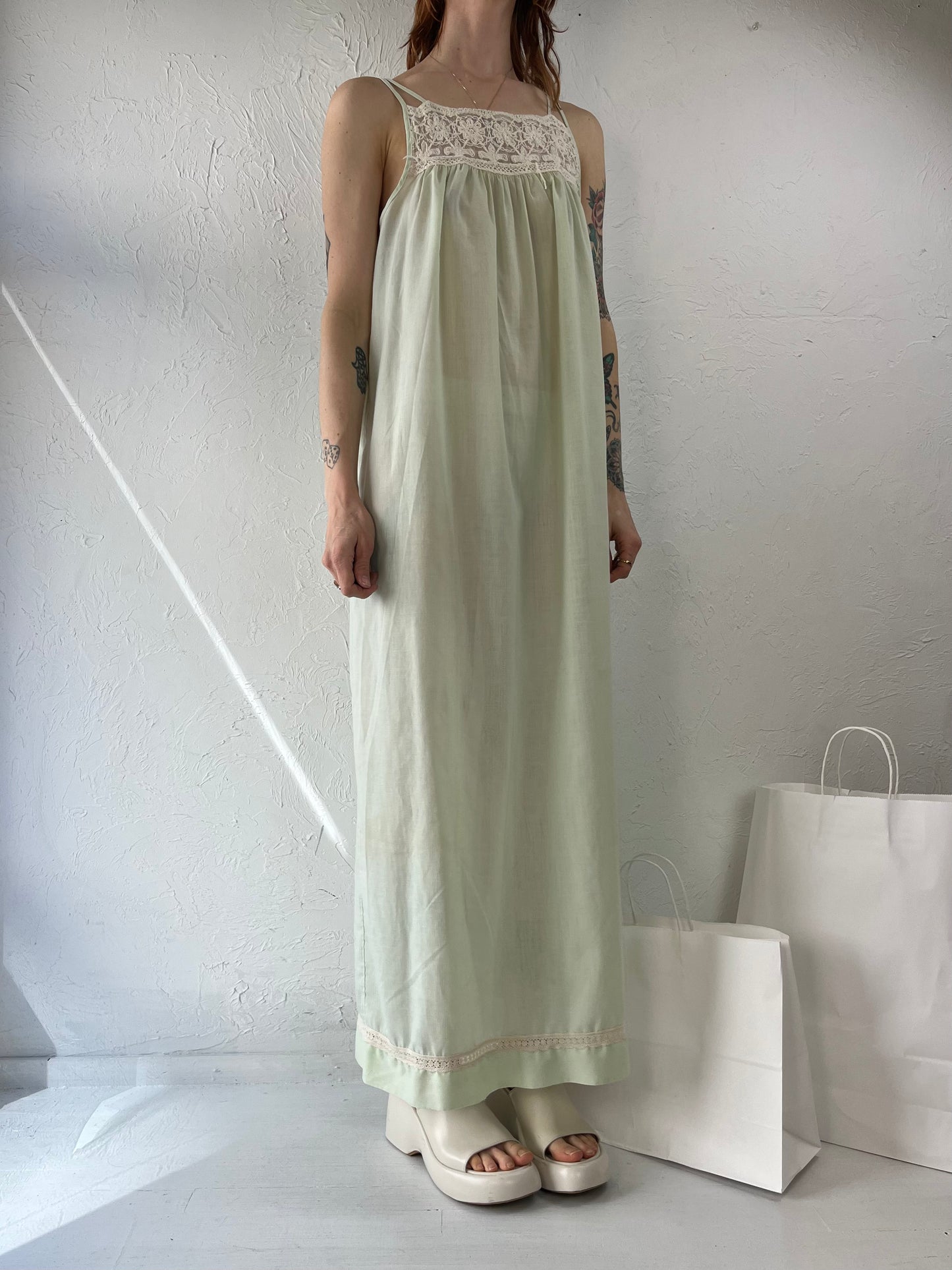 70s Pastel Green Crochet Hippie Maxi Dress / Small