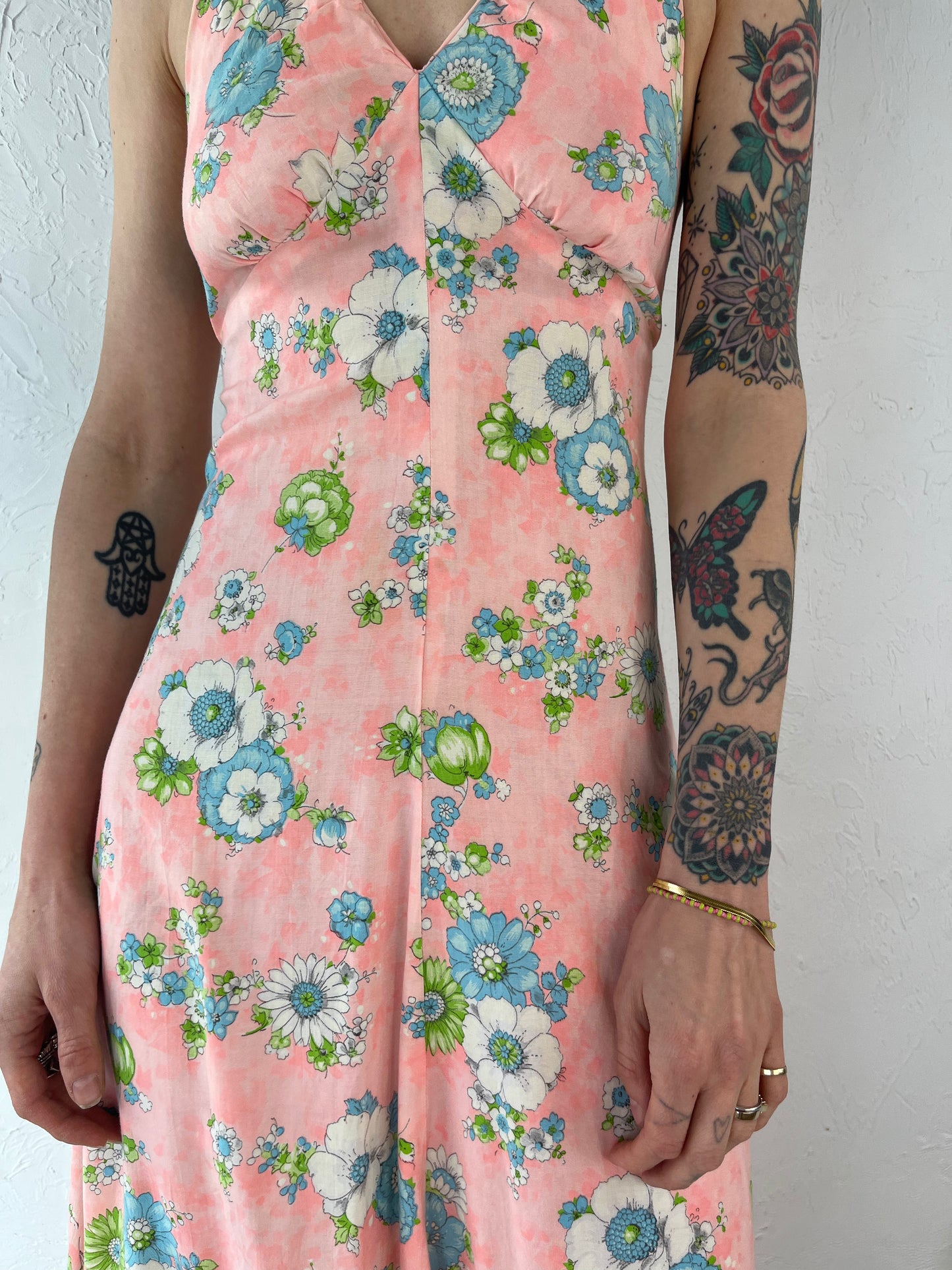 70s Pink Floral Print Halter Dress / Small
