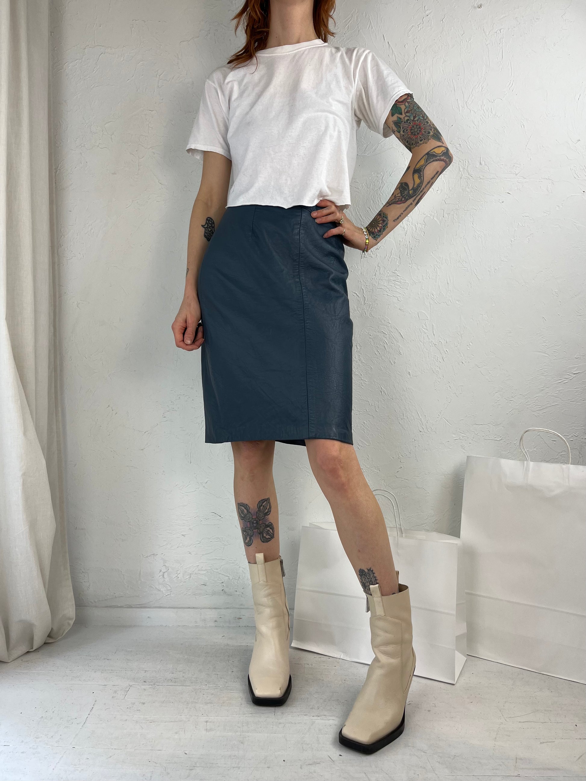 90s 'Ocean West' Blue Leather Pencil Skirt / Small