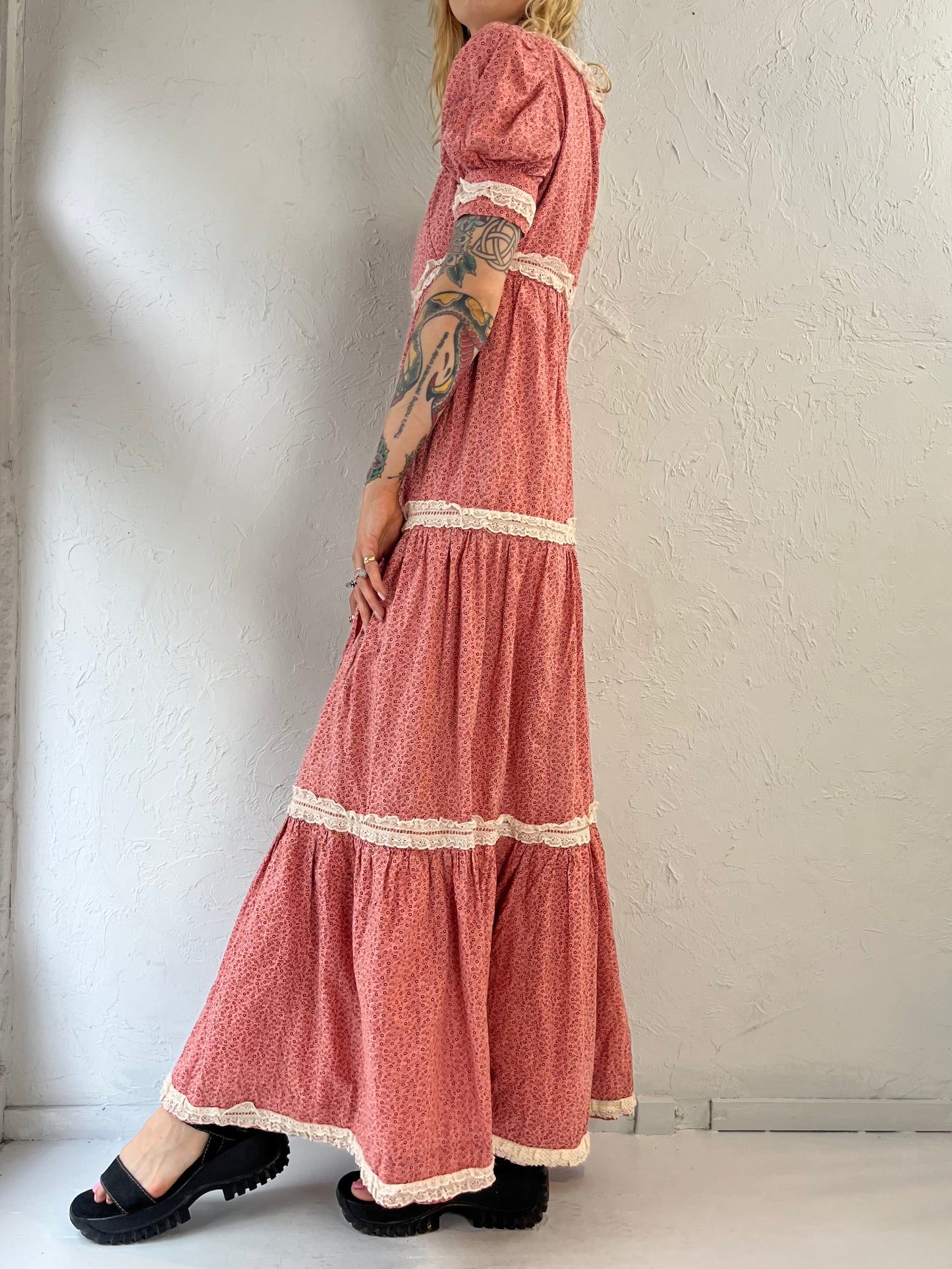 80s Pink Cottage Core Puff Sleeve Peasant Dress / XXS
