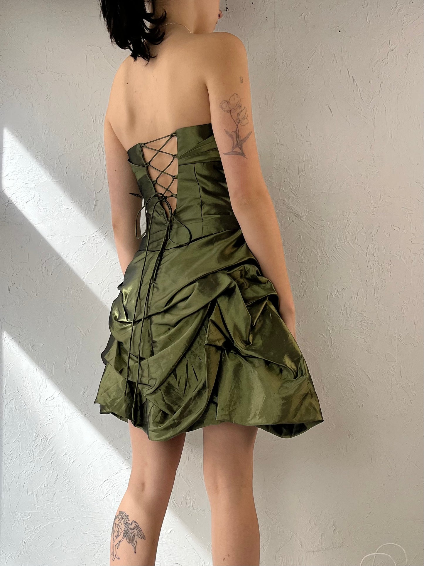 Y2K 'Laura Petites' Green Beaded Strapless Evening Dress / Small