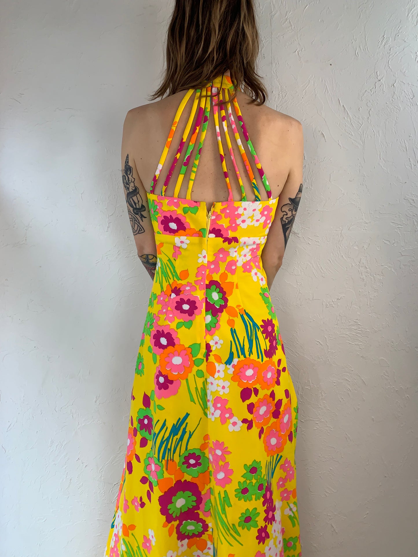 70s Floral Print Halter Hippie Dress / Small