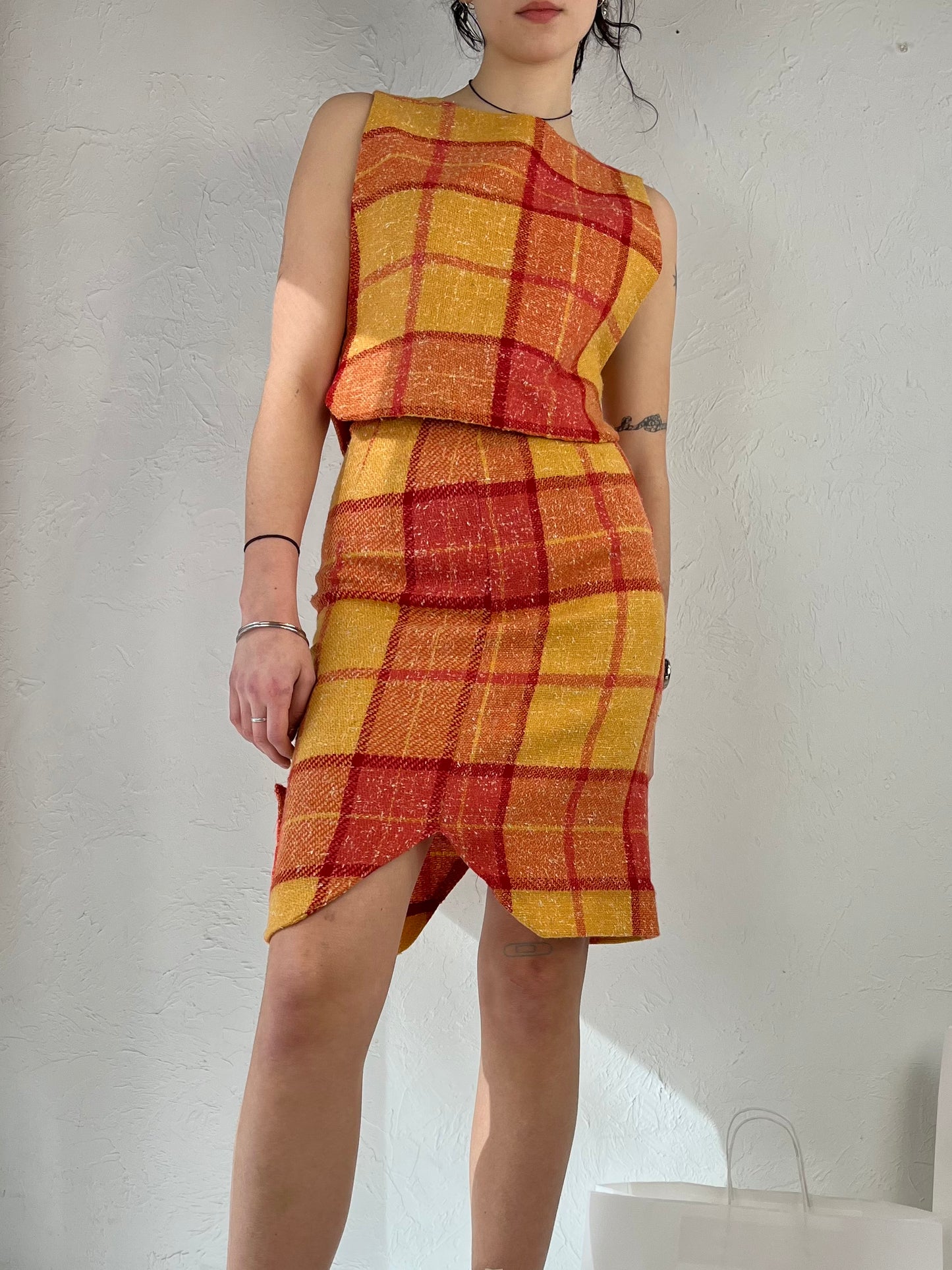 60s 70s Handmade Plaid Skirt and Top Set / XS