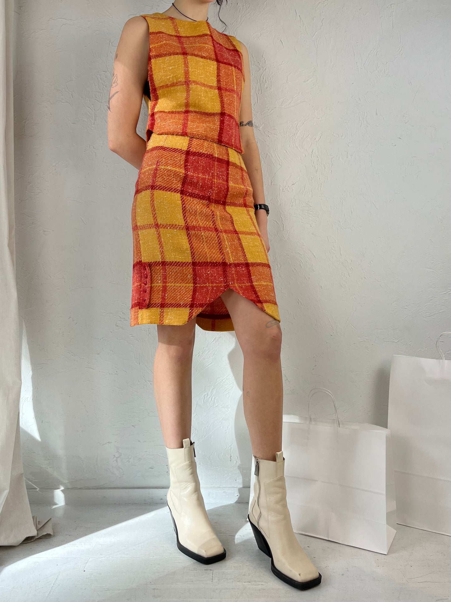 60s 70s Handmade Plaid Skirt and Top Set / XS