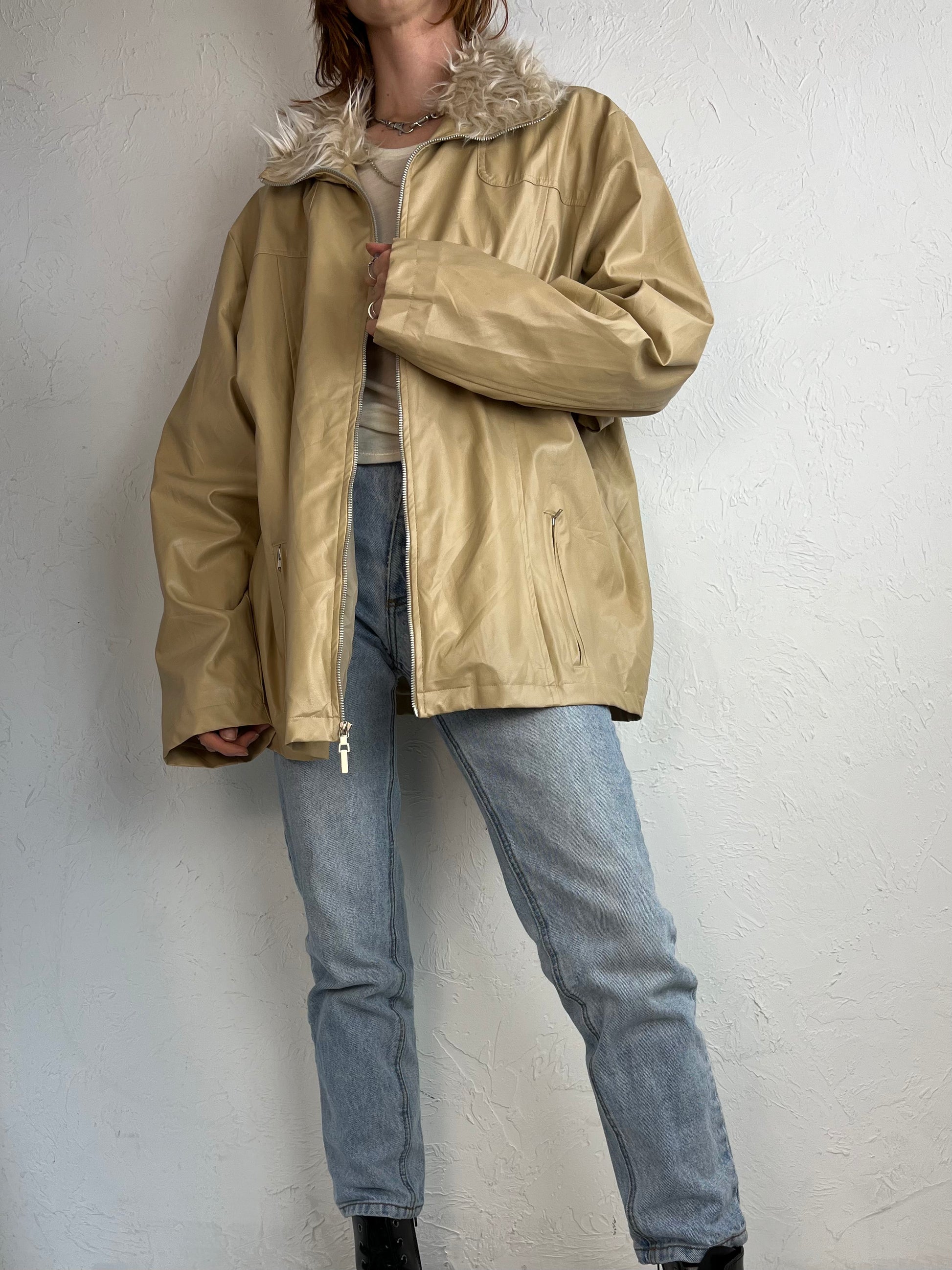 Y2k 'Endurance' Beige Faux Leather Jacket / 2X