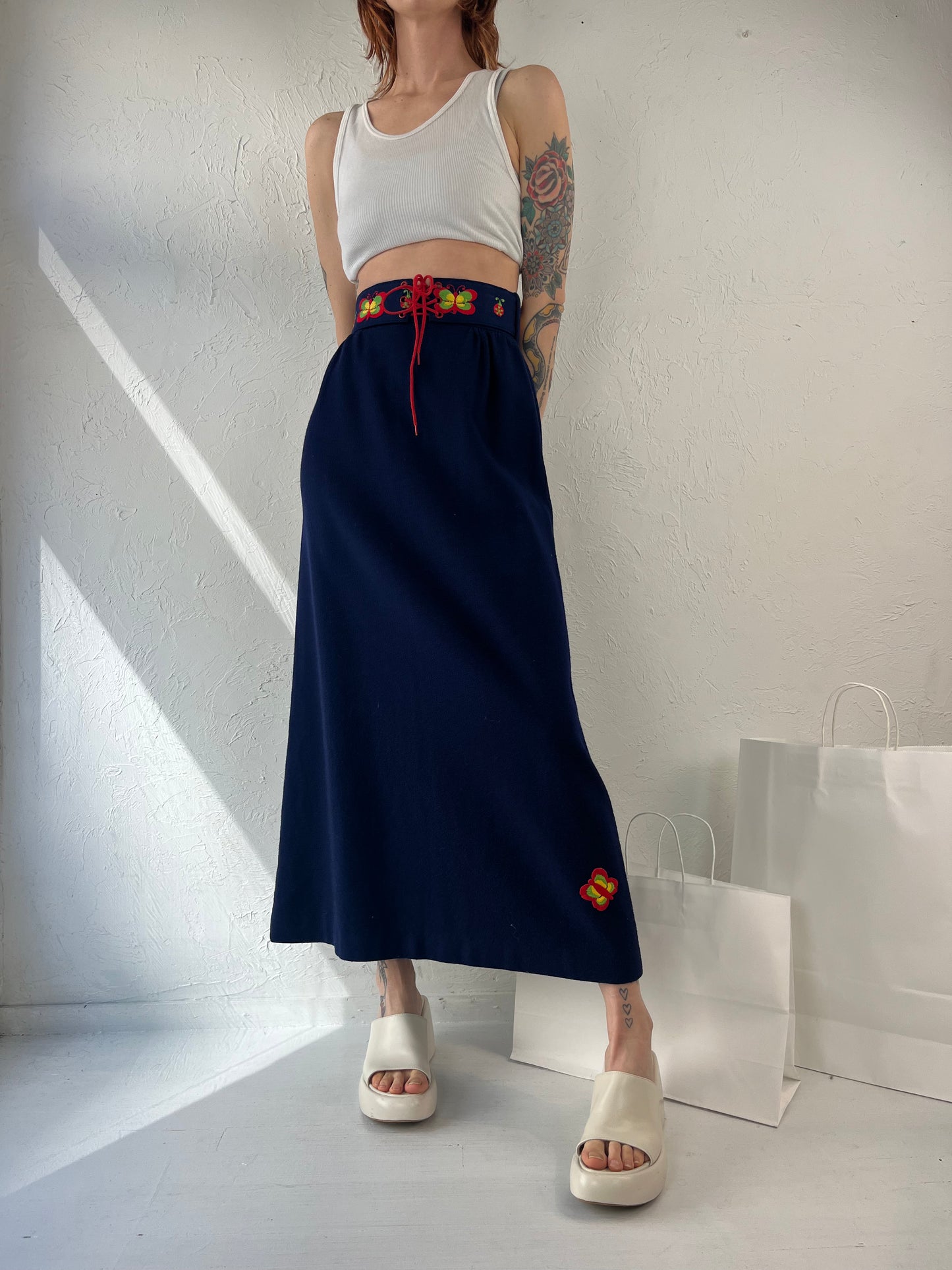 70s Navy Blue Wool Maxi Skirt w/ Belt / XS