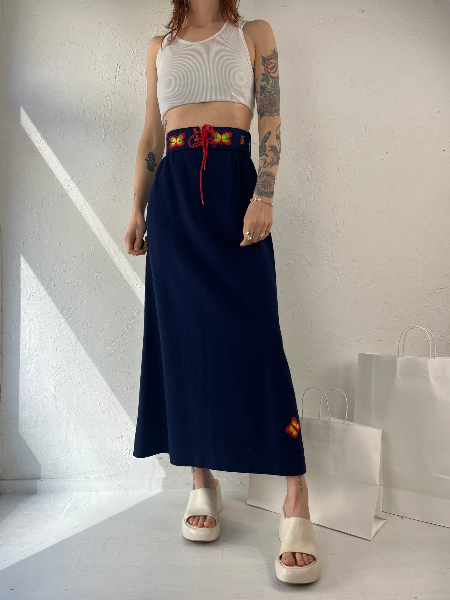 70s Navy Blue Wool Maxi Skirt w/ Belt / XS