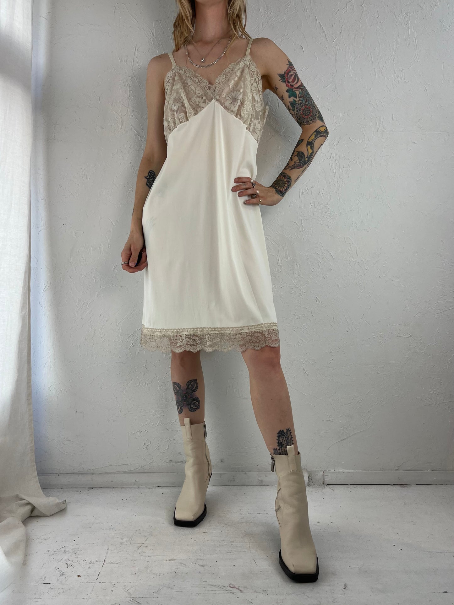 90s 'Vam Roalte' Cream Nylon Lace Slip Dress / Medium