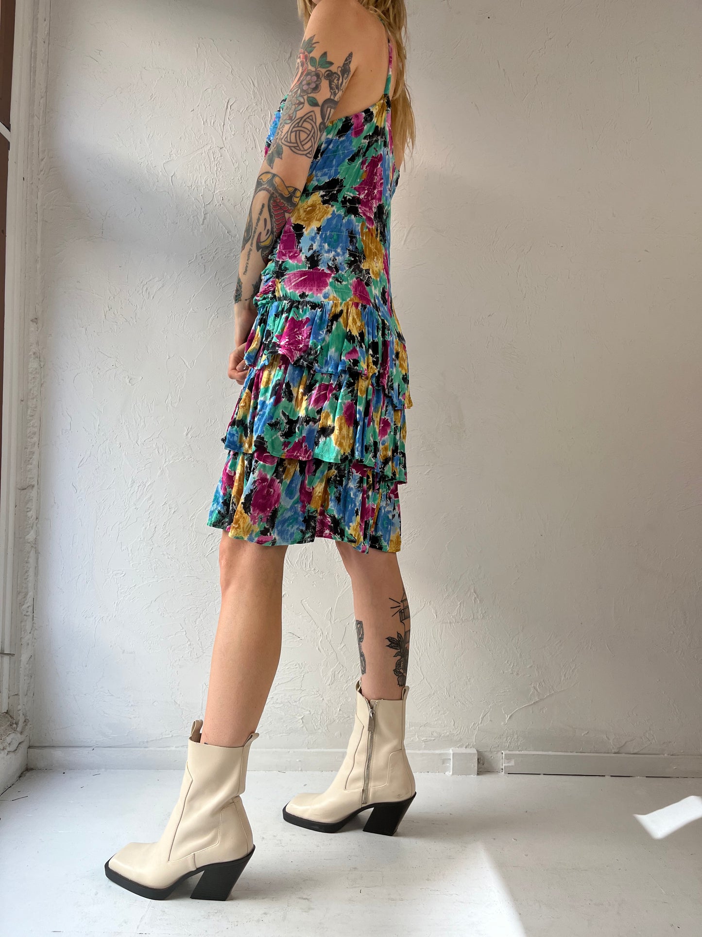 90s Rainbow Ruched Ruffle Sleeveless Dress / Medium