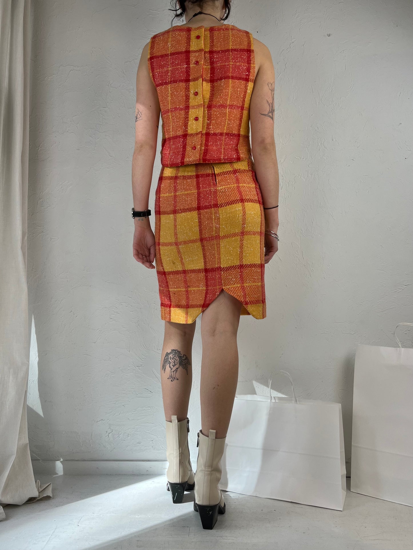 60s 70s Handmade Plaid Skirt and Top Set / XS