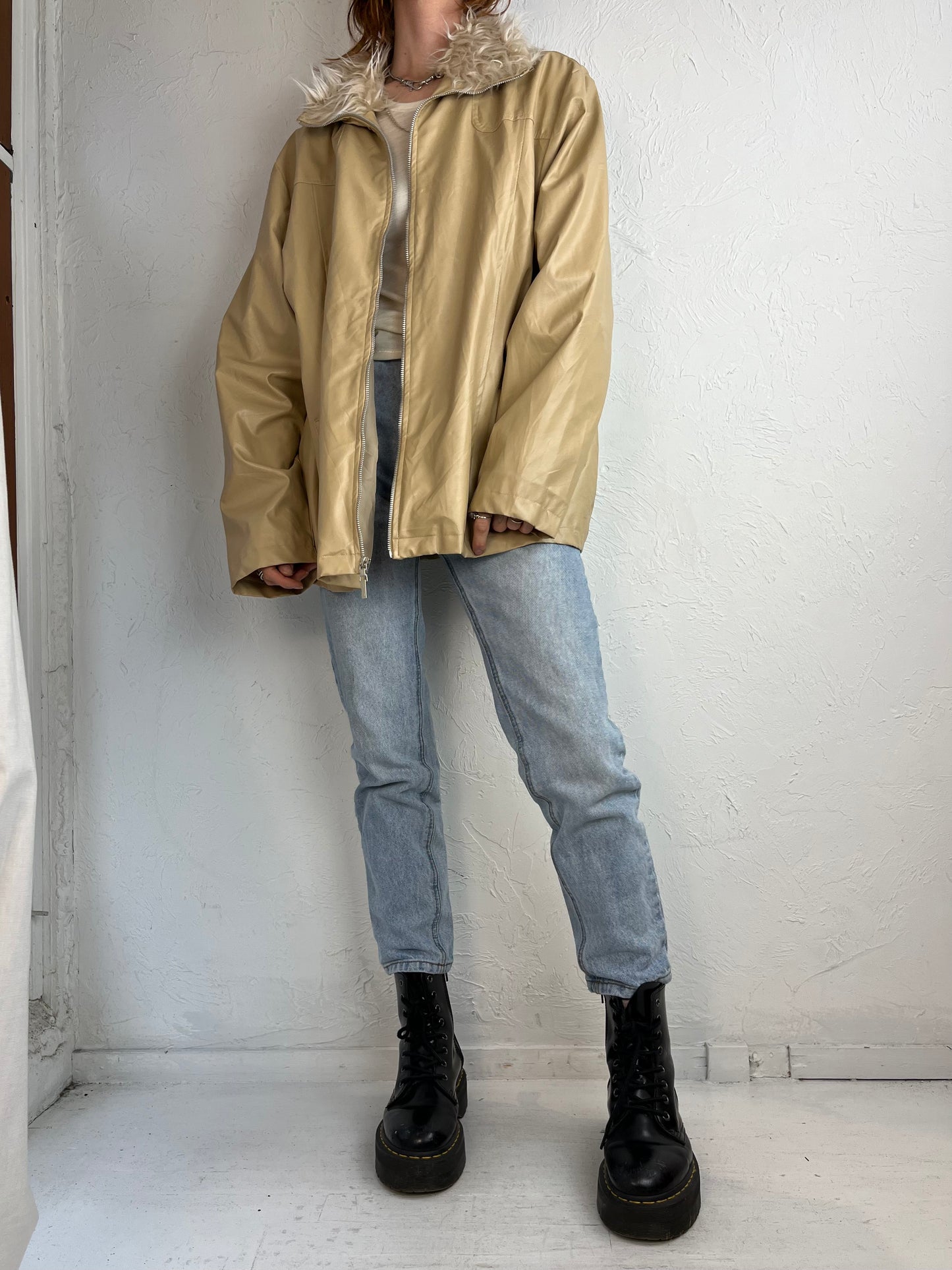 Y2k 'Endurance' Beige Faux Leather Jacket / 2X