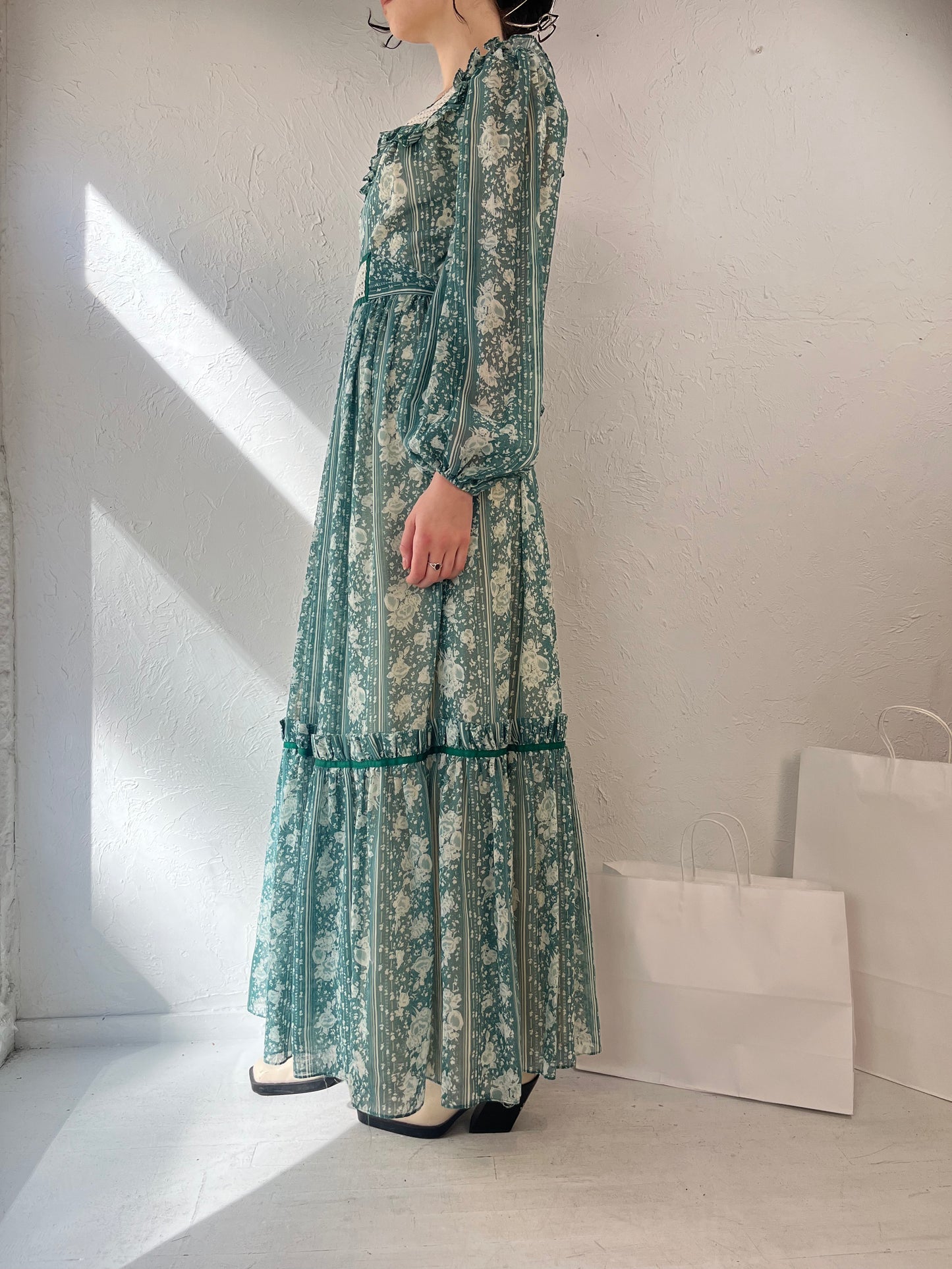 70s 'Candi Jones' Green Peasant Prairie Maxi Dress / Small