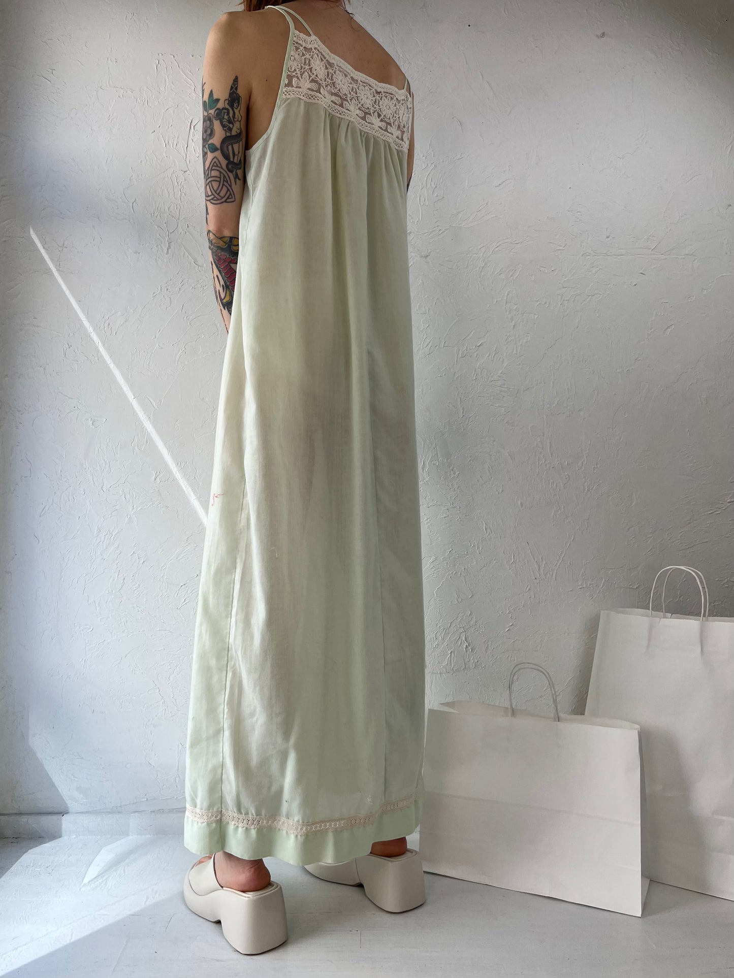 70s Pastel Green Crochet Hippie Maxi Dress / Small