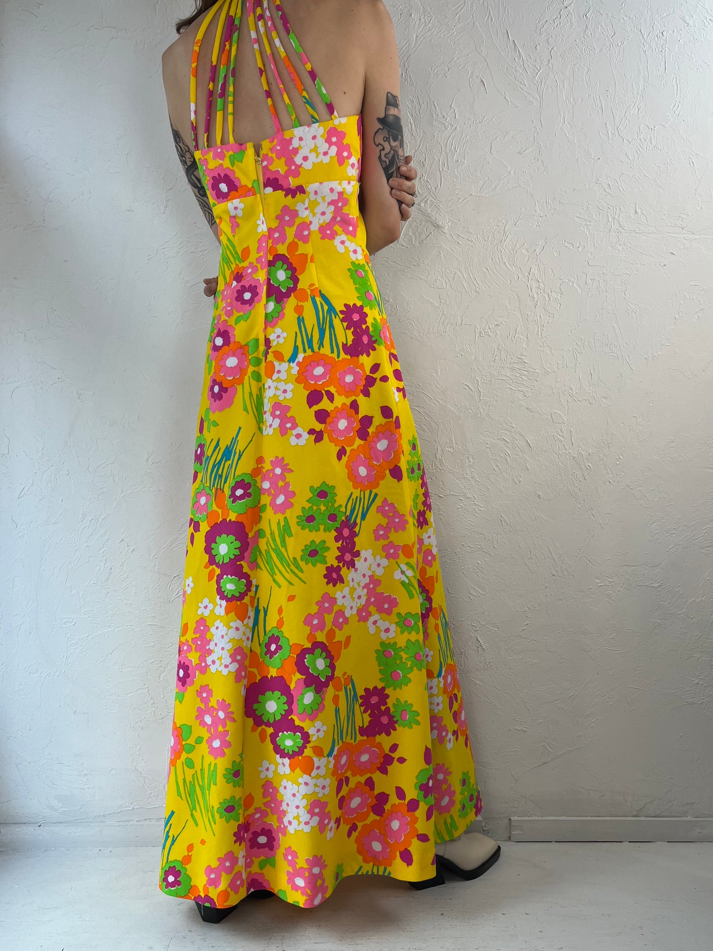 70s Floral Print Halter Hippie Dress / Small