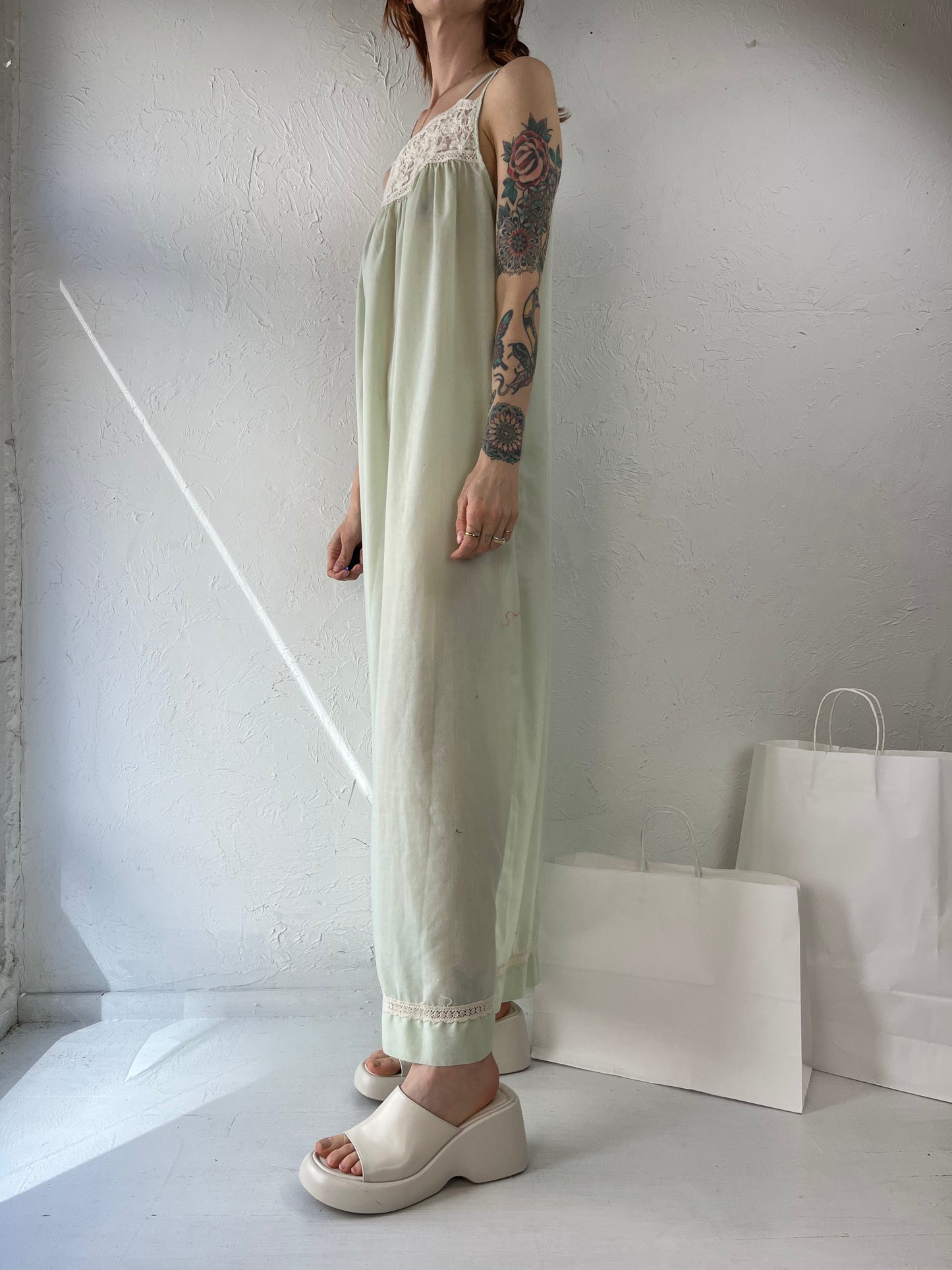 70s Pastel Green Crochet Hippie Maxi Dress / Small