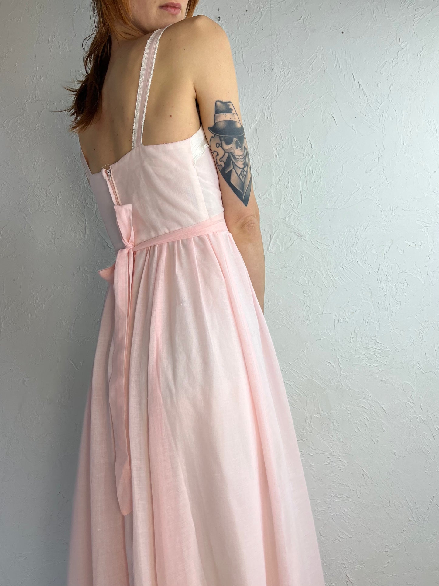 70s ‘Gunne Sax’ Baby Pink White Lace Gunne Sax Peasant Dress / X-Small