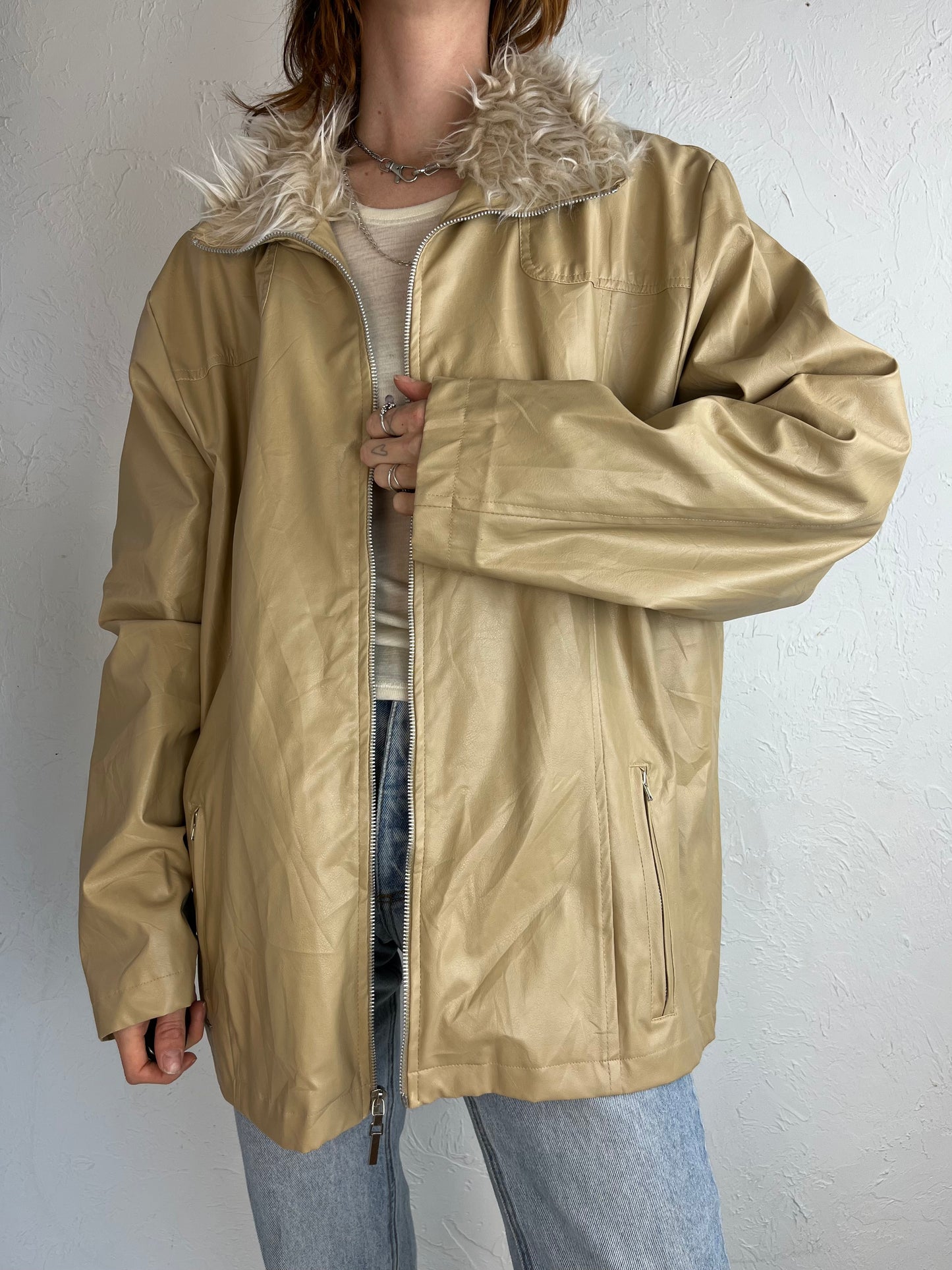 Y2k 'Endurance' Beige Faux Leather Jacket / 2X