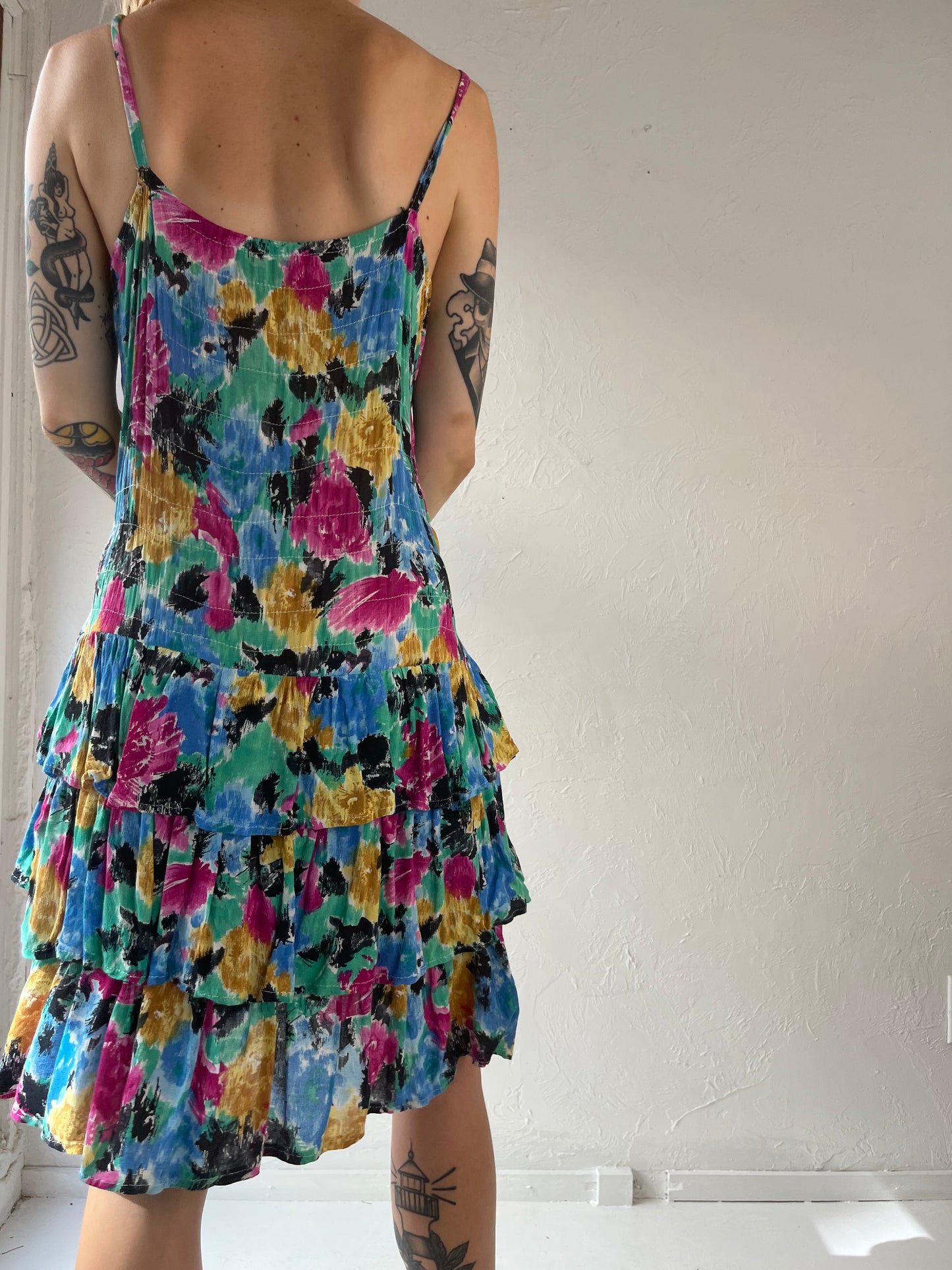 90s Rainbow Ruched Ruffle Sleeveless Dress / Medium
