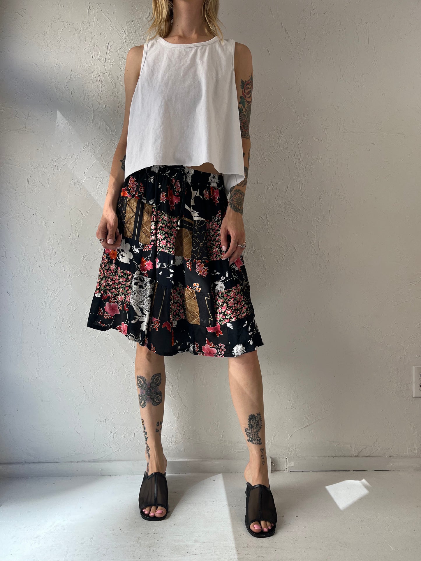 90s Rayon Patchwork Mini Skirt / Medium