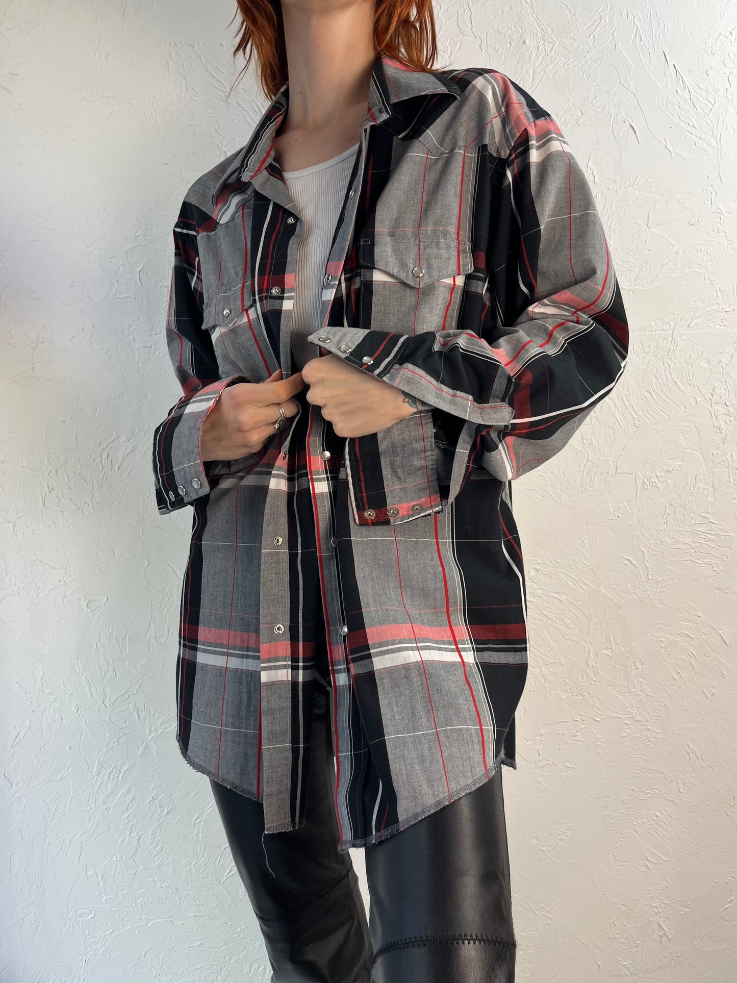 Y2K 'Wrangler' Gray Plaid Pearl Snap Shirt / XL