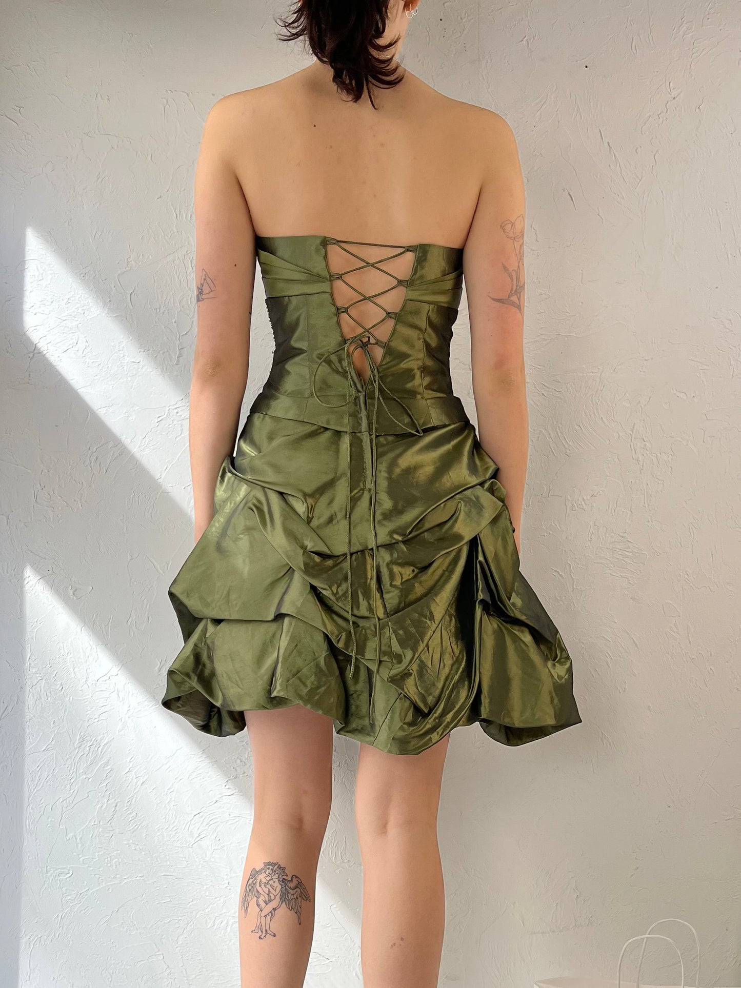 Y2K 'Laura Petites' Green Beaded Strapless Evening Dress / Small