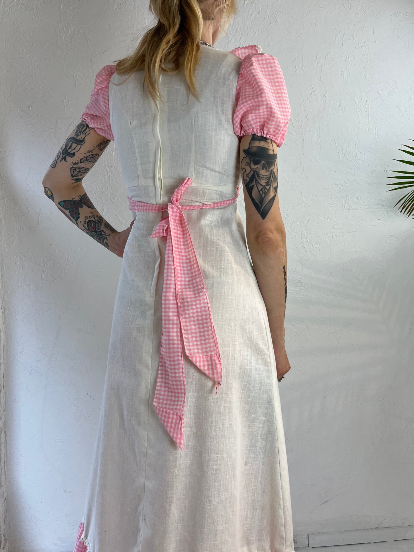 90s Cream Pink Gingham Handmade Prairie Dress / XS