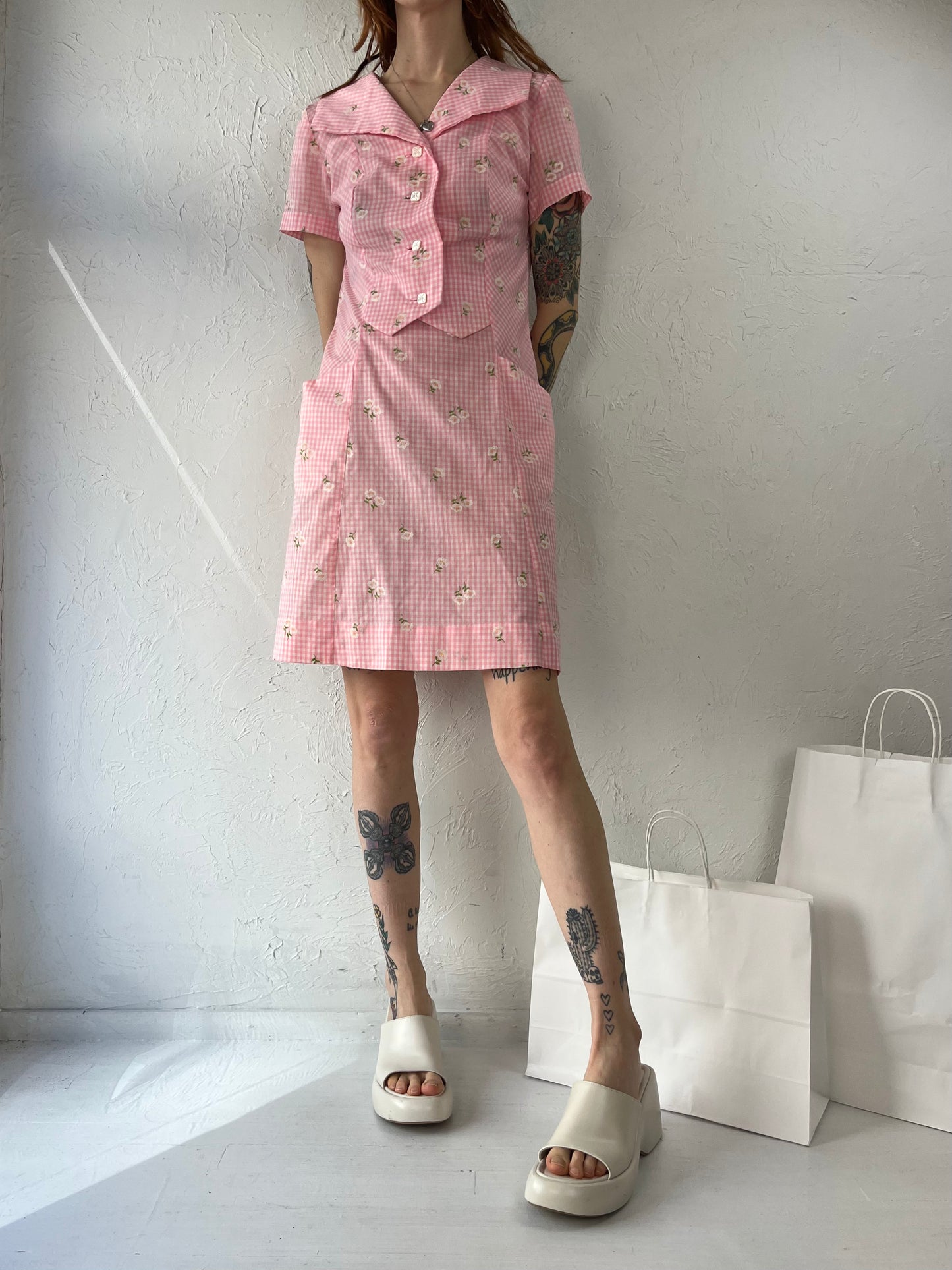 70s Handmade Pink Gingham Collared Mini Dress / Small