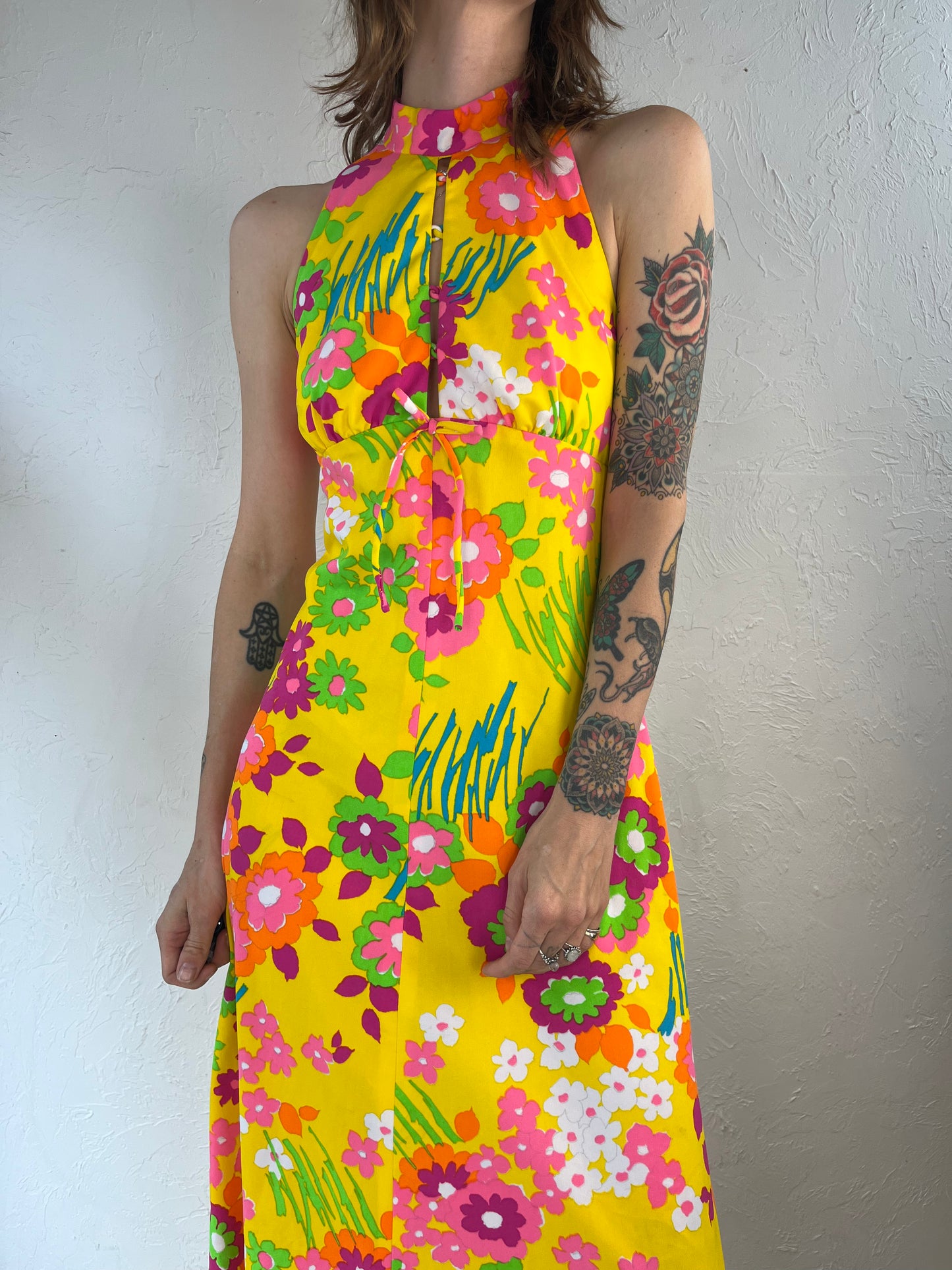 70s Floral Print Halter Hippie Dress / Small