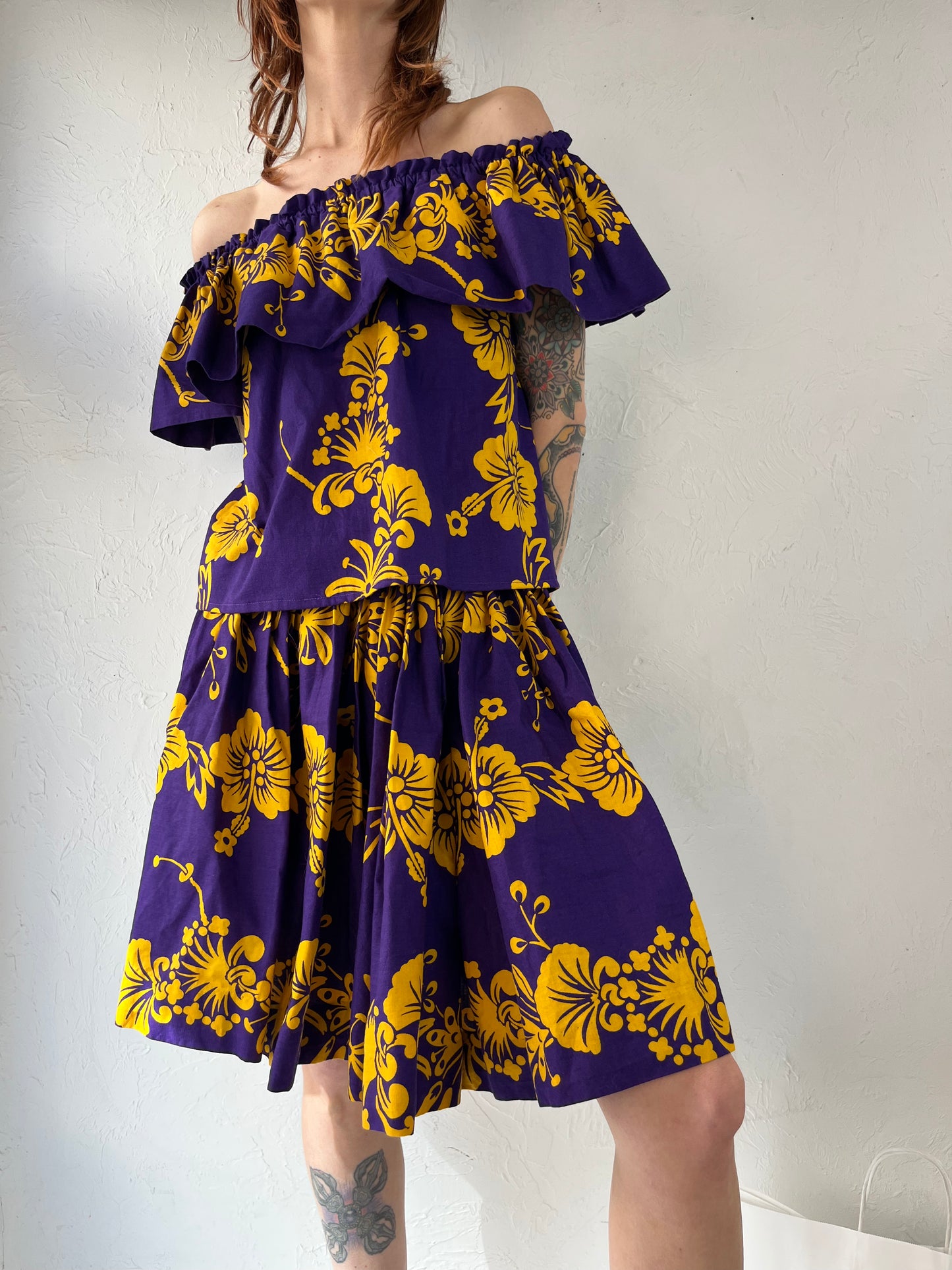90s Purple Floral Handmade Two Piece Skirt Set / Small