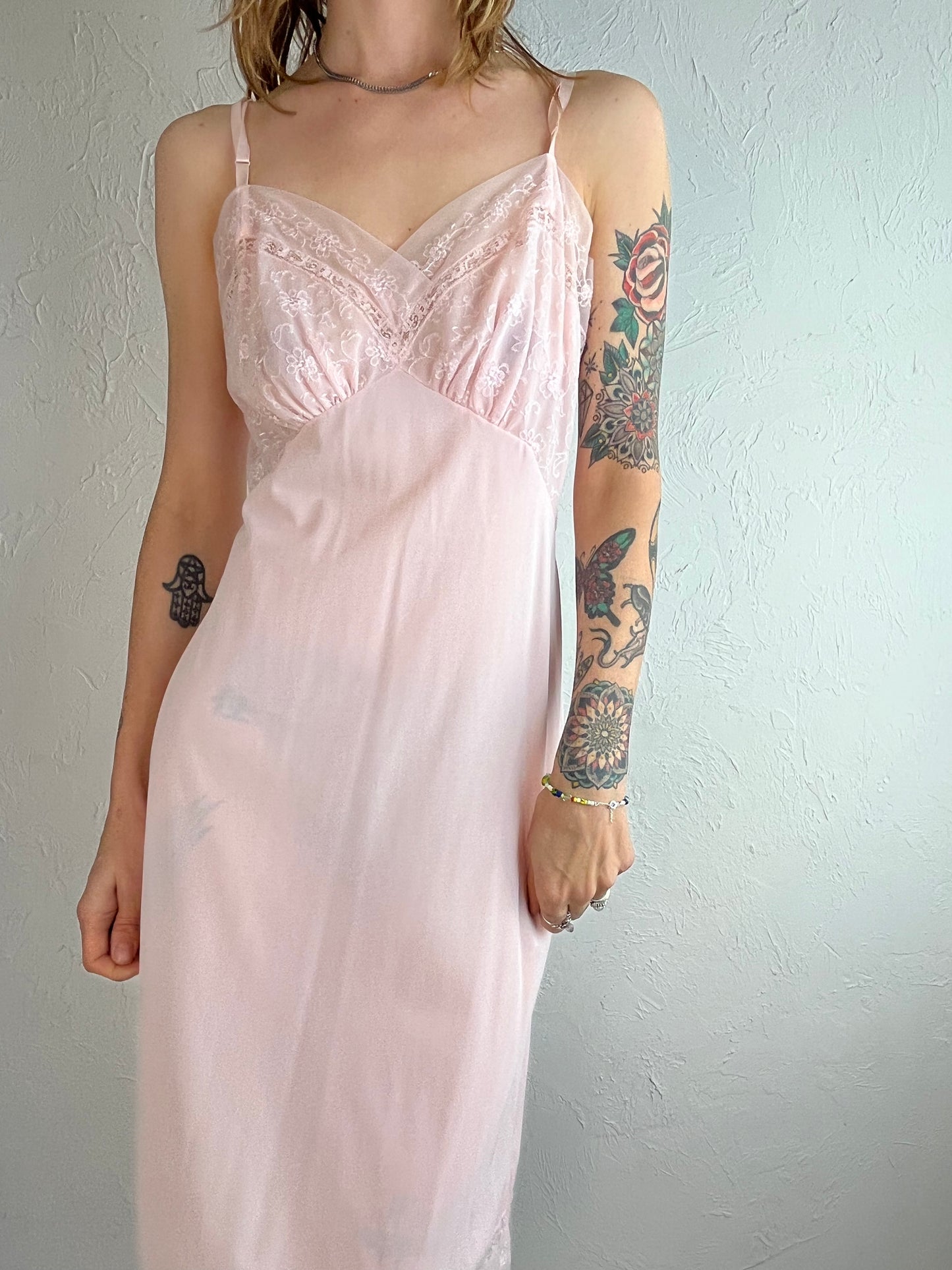 70s 80s Sheer Pink Lacey Slip Dress / Small