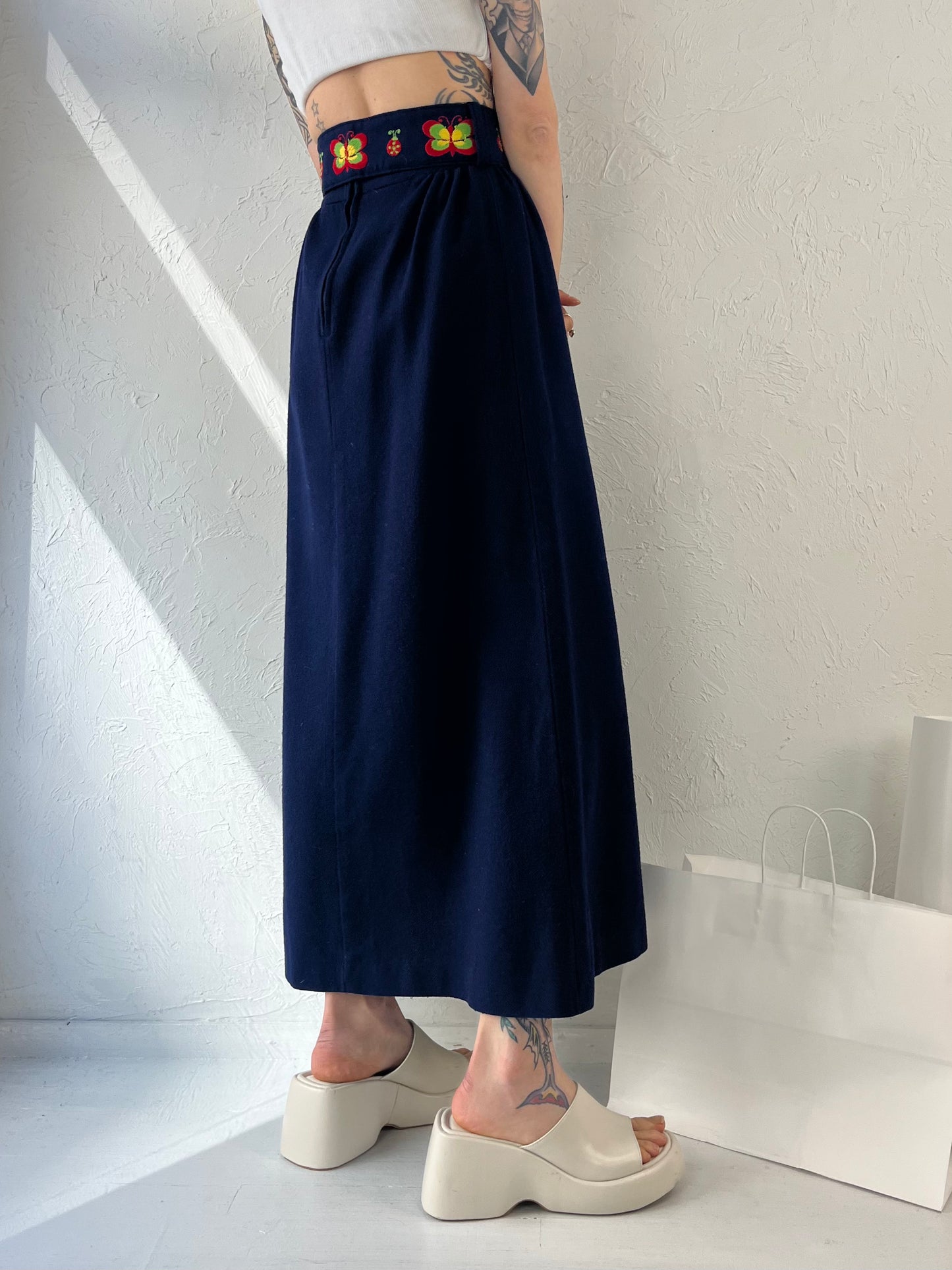 70s Navy Blue Wool Maxi Skirt w/ Belt / XS